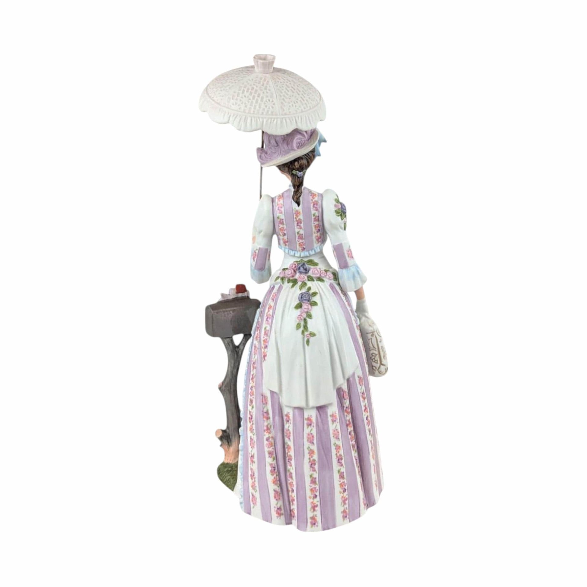 1988 Avon Mrs. Albee Award Figurine, Purple Dress, Parasol, Mailbox, Vintage Avon Collectible, Decorative Figurine, 11" Tall