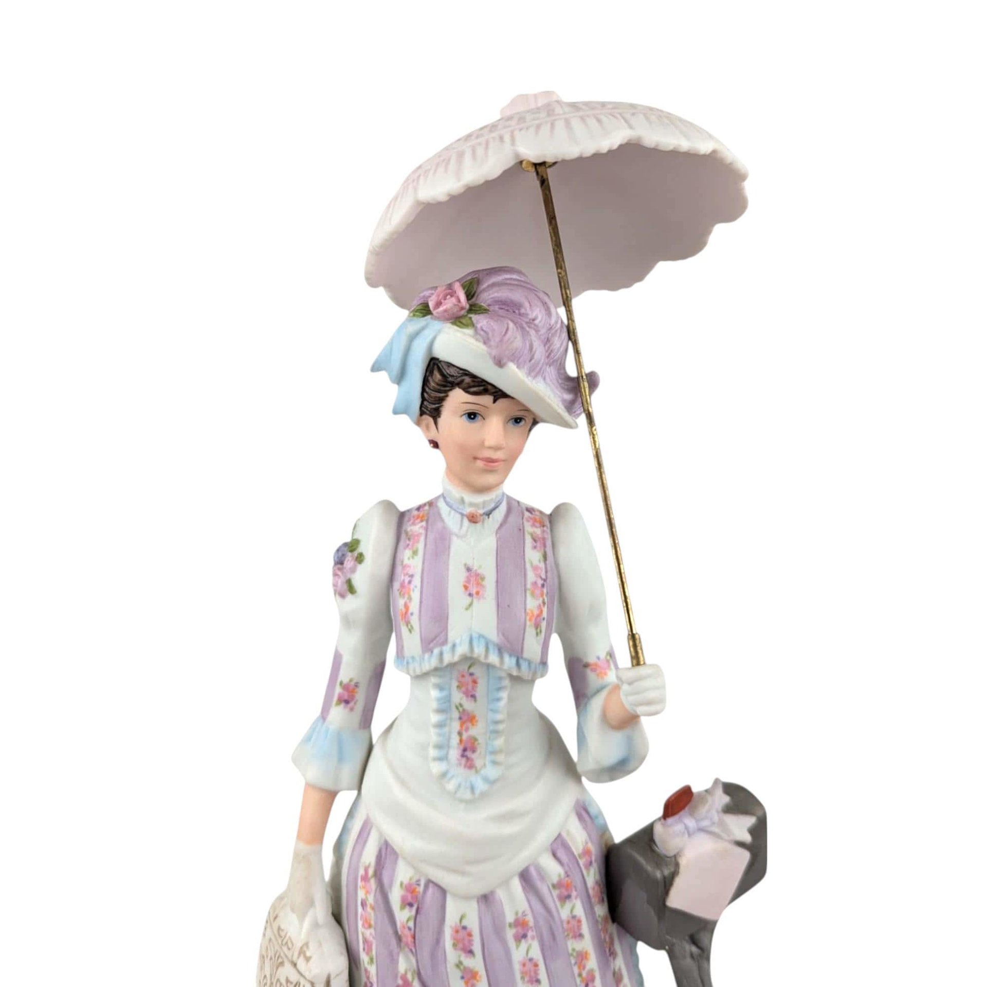 1988 Avon Mrs. Albee Award Figurine, Purple Dress, Parasol, Mailbox, Vintage Avon Collectible, Decorative Figurine, 11" Tall