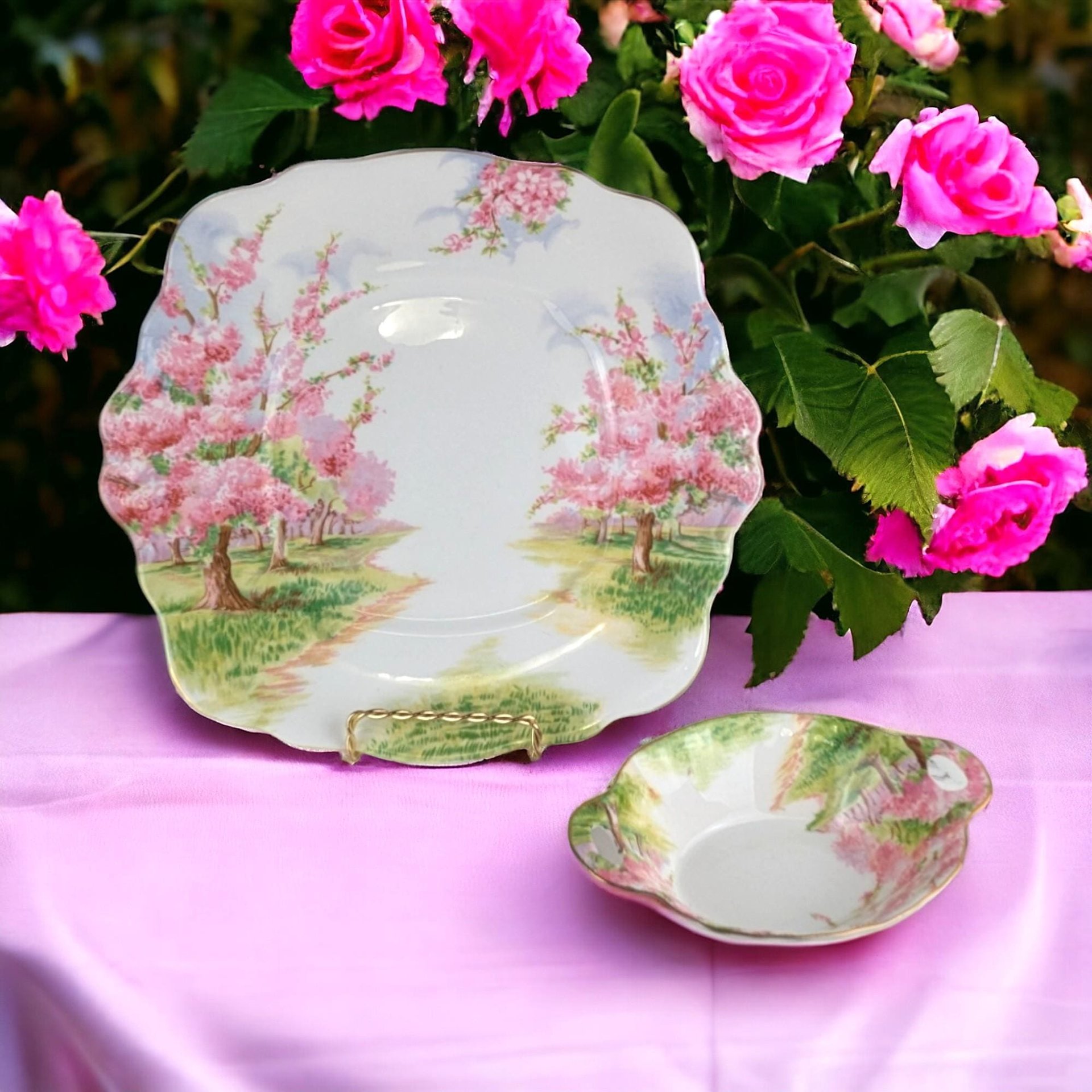 Vintage Royal Albert Blossom Time Square Cake Plate & Sweet Meat Dish | Bone China Serving Set | English Countryside Decor