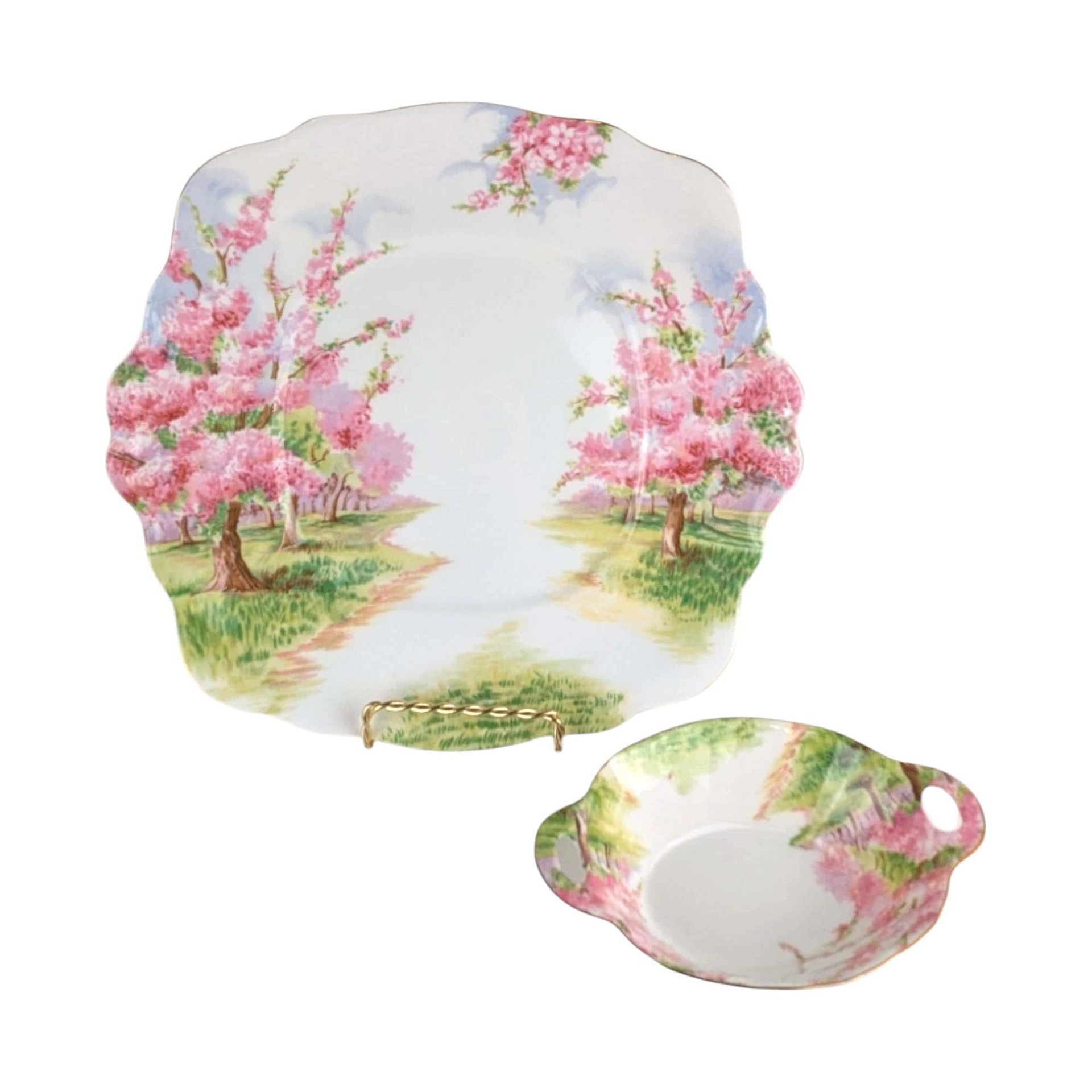 Vintage Royal Albert Blossom Time Square Cake Plate & Sweet Meat Dish | Bone China Serving Set | English Countryside Decor