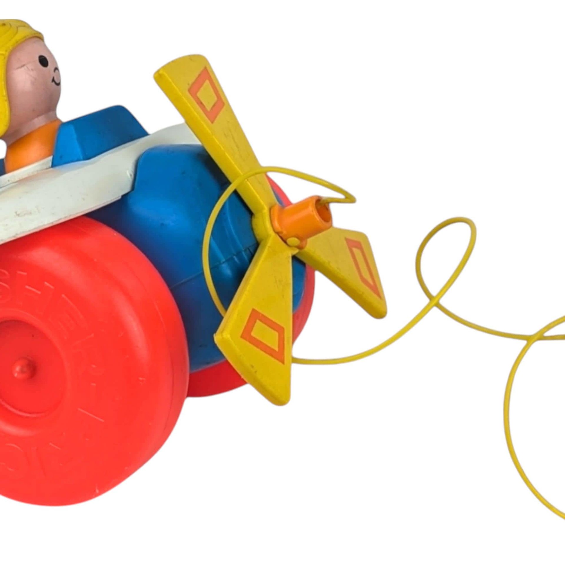 Vintage 1980s Fisher Price Pull Toy Airplane with Pilot - Blue and Yellow Plane - 8" Long - Toddler Gift - Retro Toy