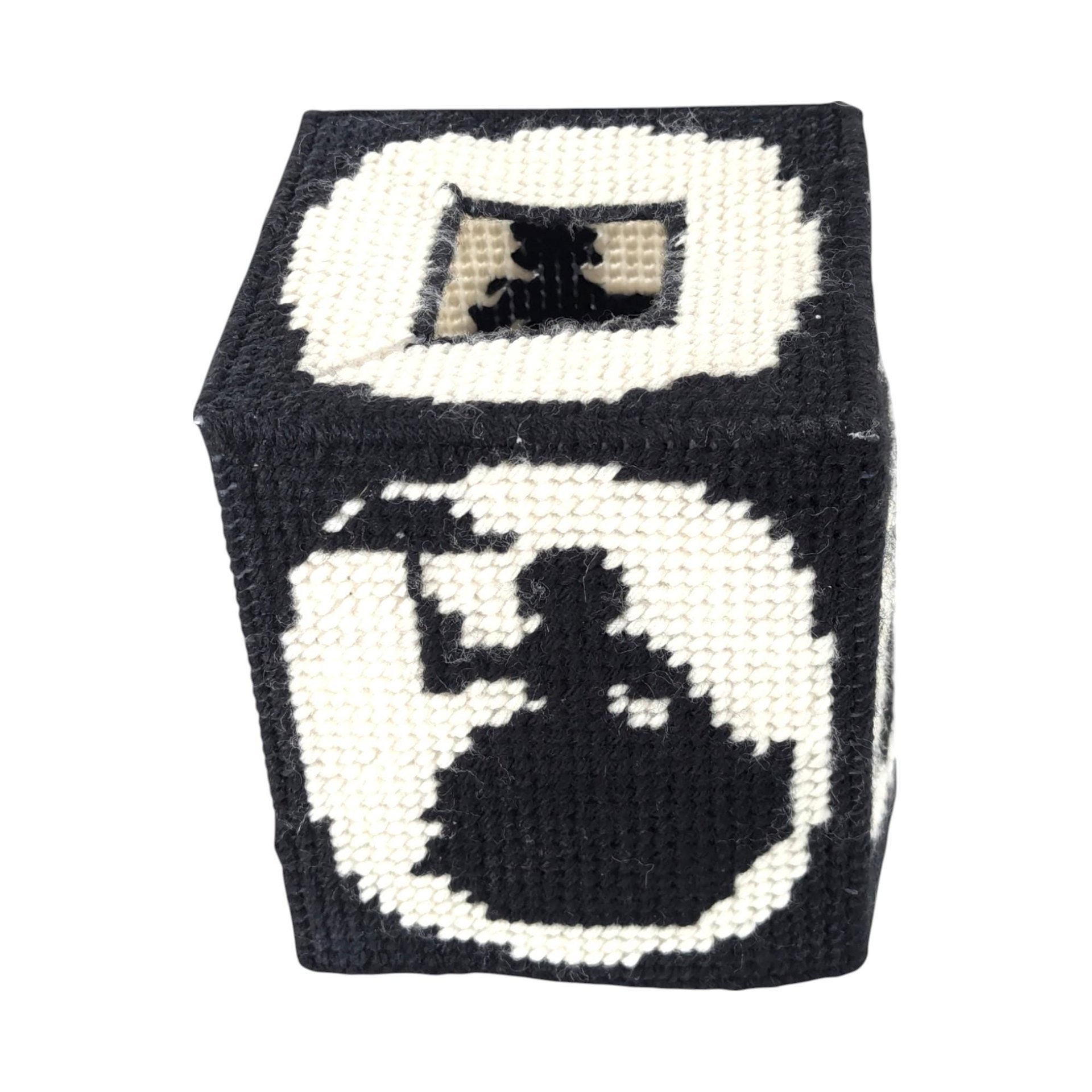 Vintage Handmade Tissue Box Cover, Black & White Needlepoint Lady with Umbrella, Cube Box Cover, Unique Home Decor, Gift for Her