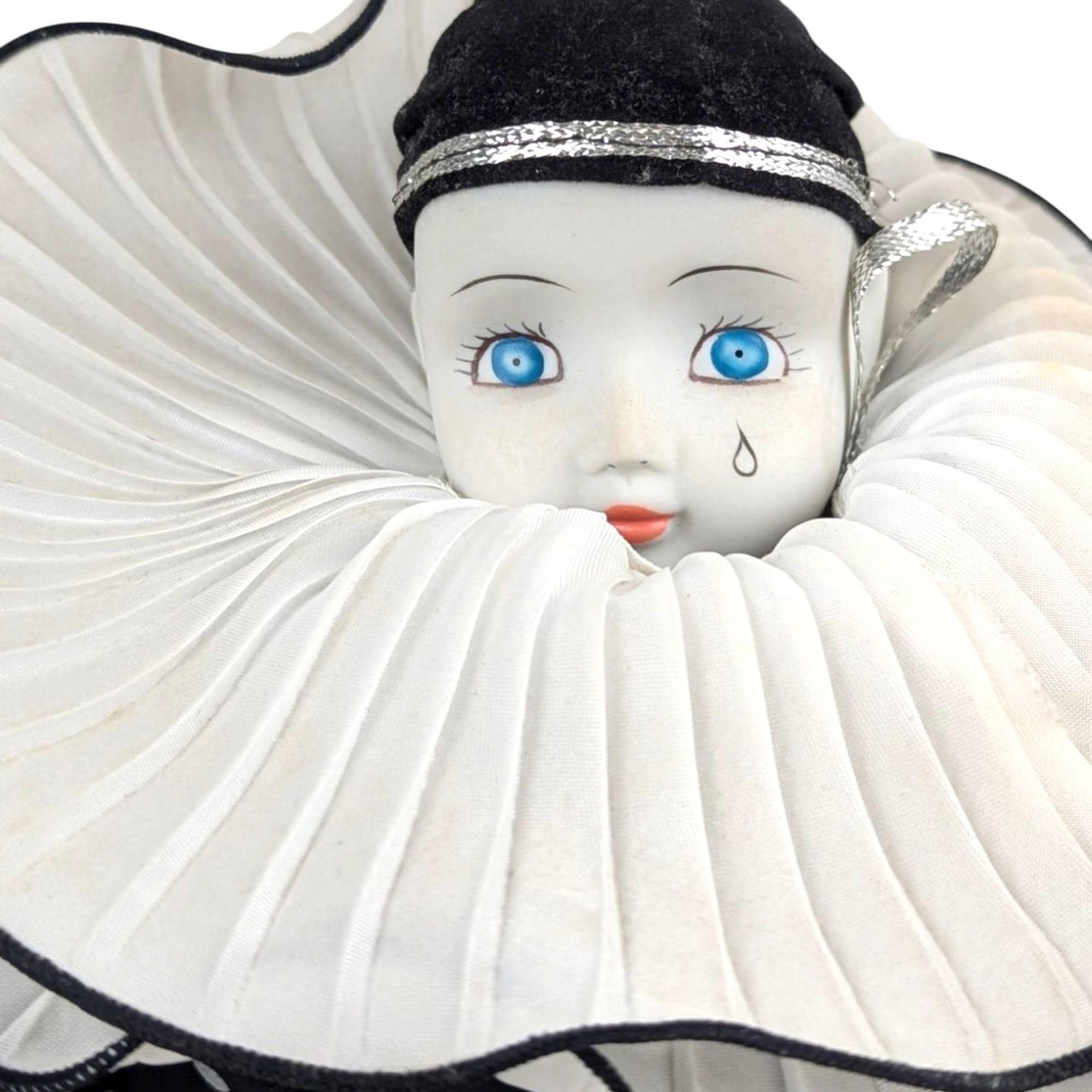 Vintage Sad Clown Head Music Box, Black & White Porcelain, Rotating Base, Unique Gift, Collectible Clown Decor