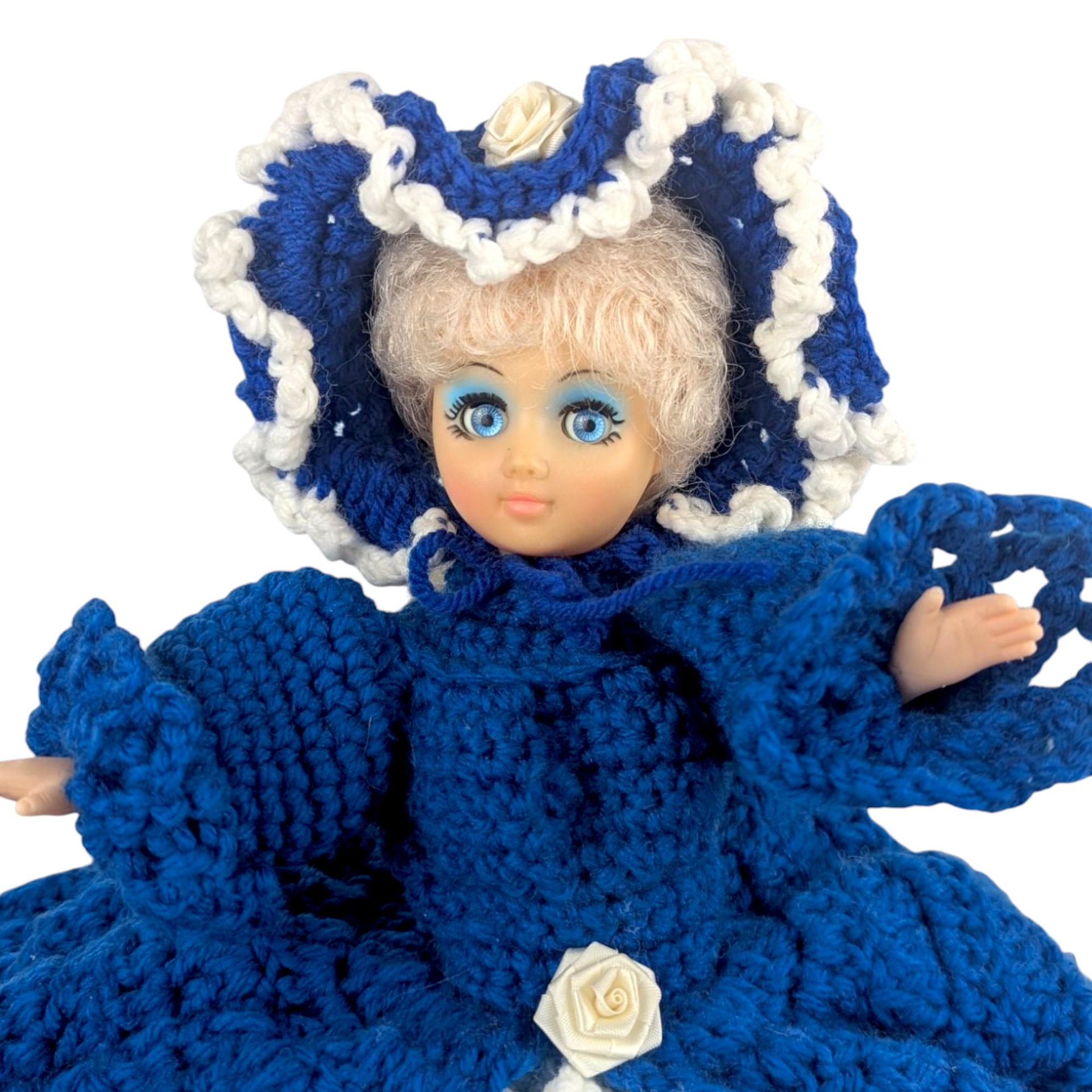 Vintage Handmade Crochet Lady Doll, Blue Dress and Bonnet, Folk Art Doll, Textile Art, Collectible Doll, Unique Gift, Home Decor