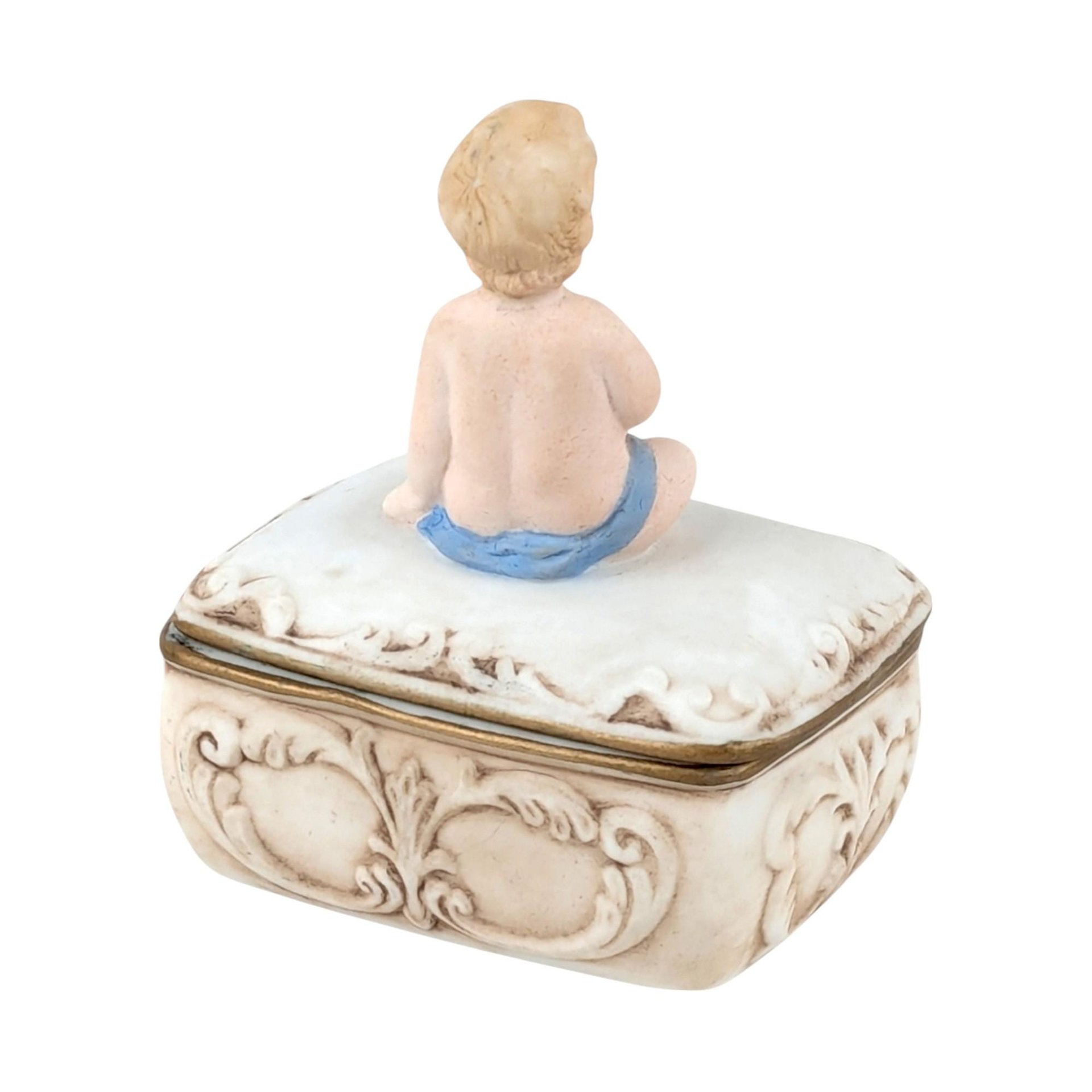 Bisque Porcelain Trinket Box, Baby with Blue Blanket Figurine, Keepsake Box, Nursery Decor, Gift for Baby Shower, Christening Gift