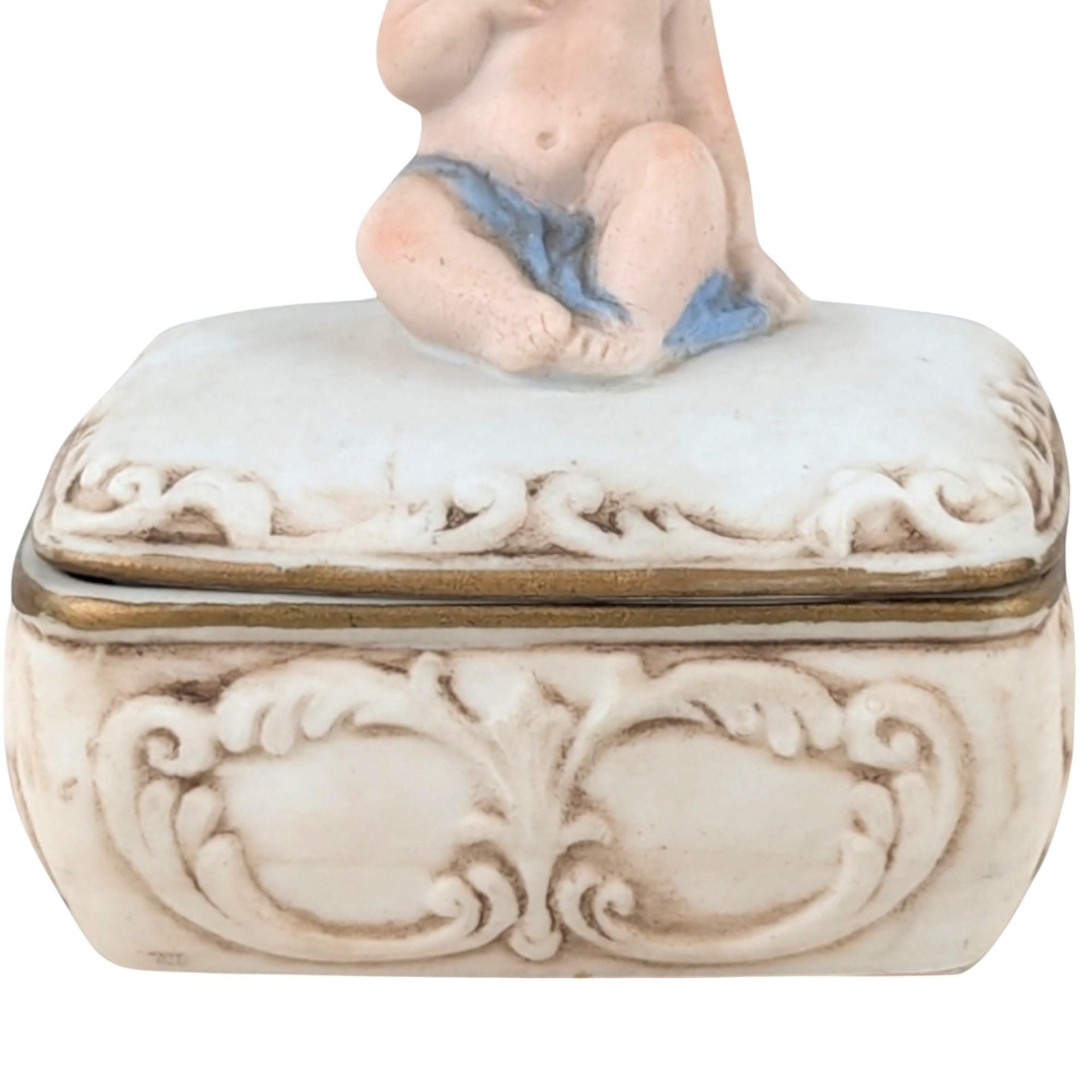 Bisque Porcelain Trinket Box, Baby with Blue Blanket Figurine, Keepsake Box, Nursery Decor, Gift for Baby Shower, Christening Gift