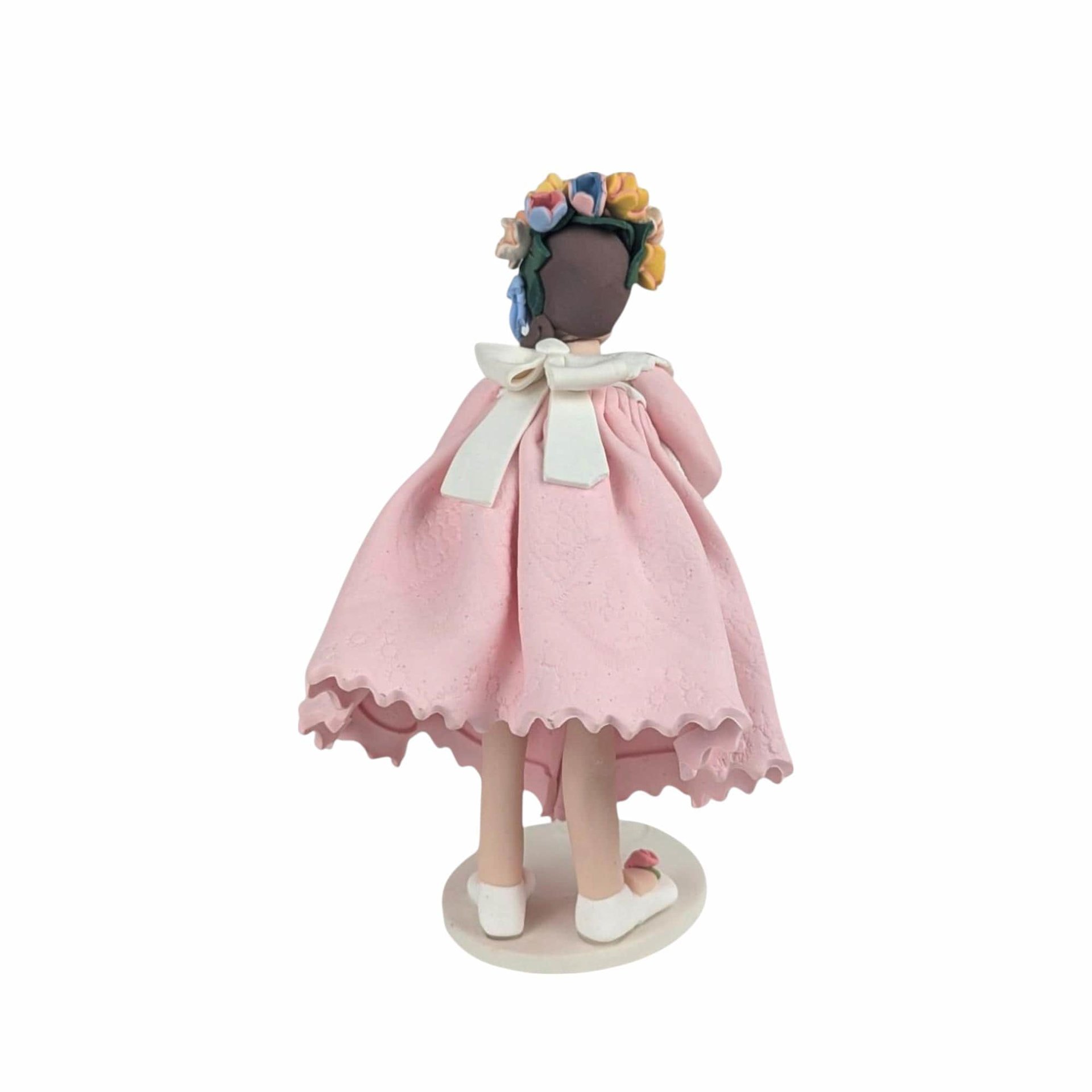 Vintage Handmade Clay Girl with Bunny Figurine, Signed Kathie, Whimsical Folk Art Decor
