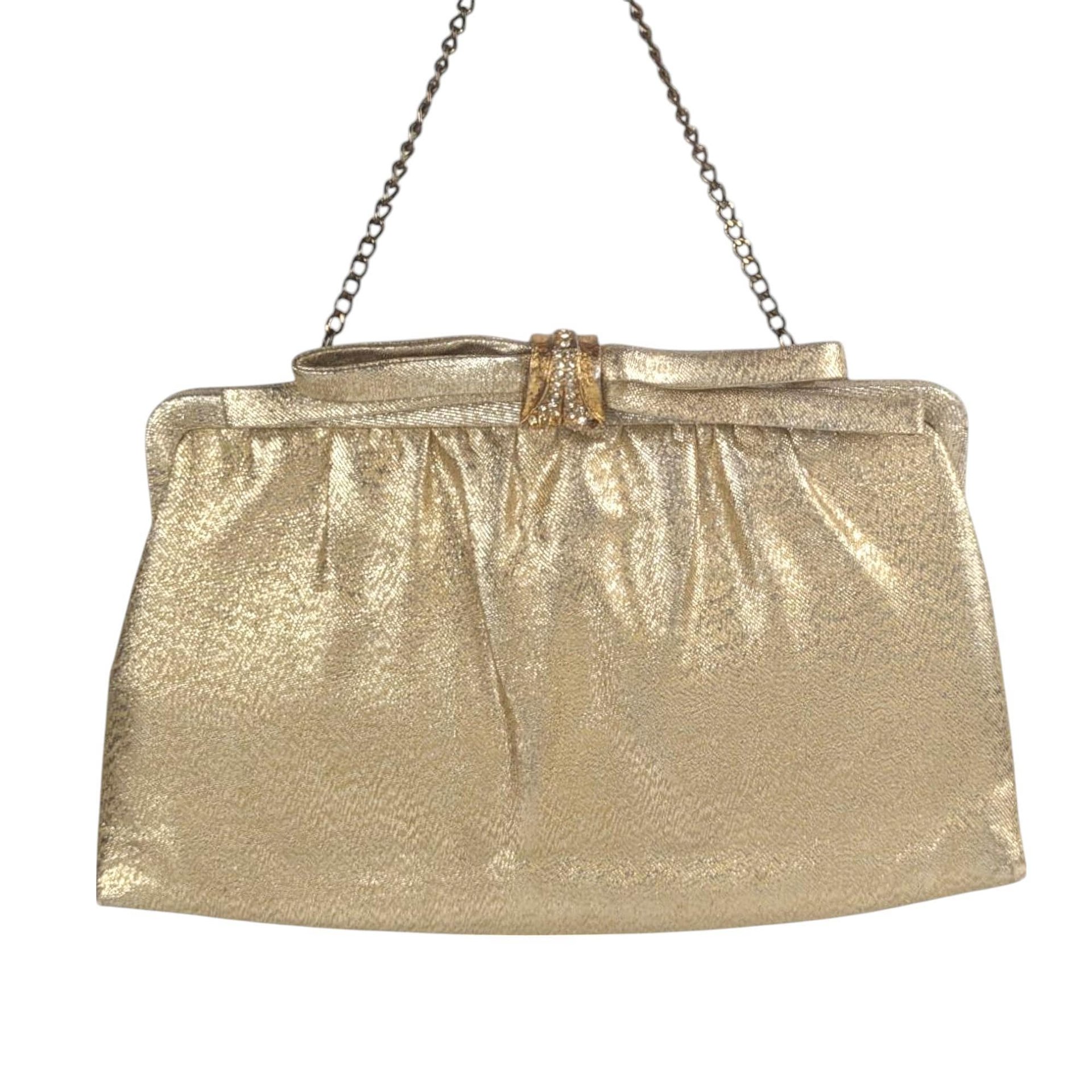 Vintage Gold Handbag, Evening Bag, Clutch Purse, Rhinestone Clasp, Retro Style, Mid-Century Fashion