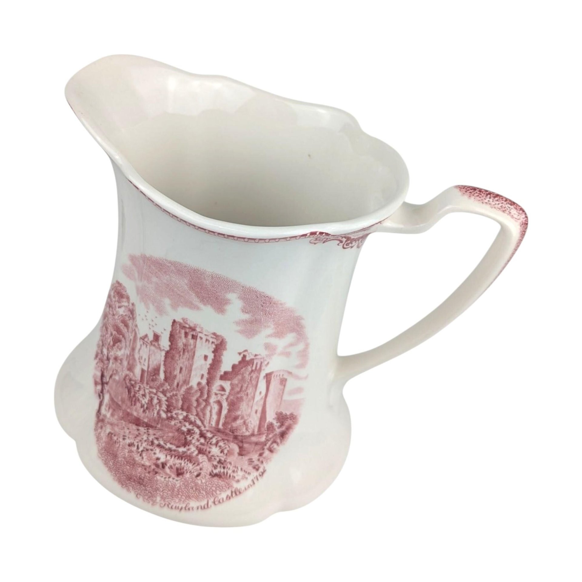 Vintage Johnson Brothers Old Britain Castles Pitcher, Pink Red Transferware Water Jug with Ragland Castle, English Country Farmhouse Decor