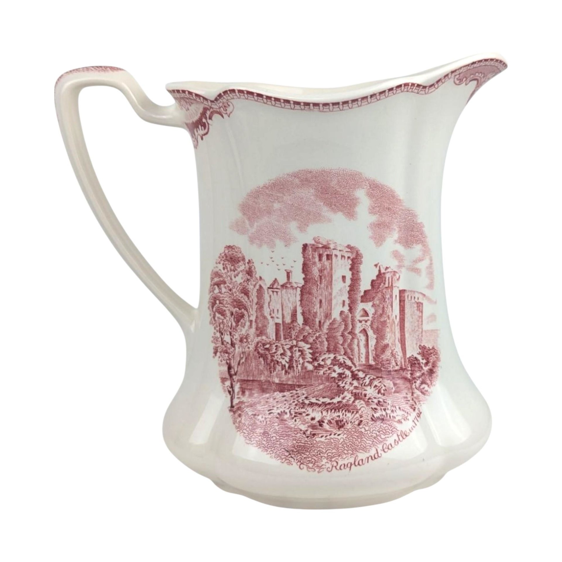 Vintage Johnson Brothers Old Britain Castles Pitcher, Pink Red Transferware Water Jug with Ragland Castle, English Country Farmhouse Decor