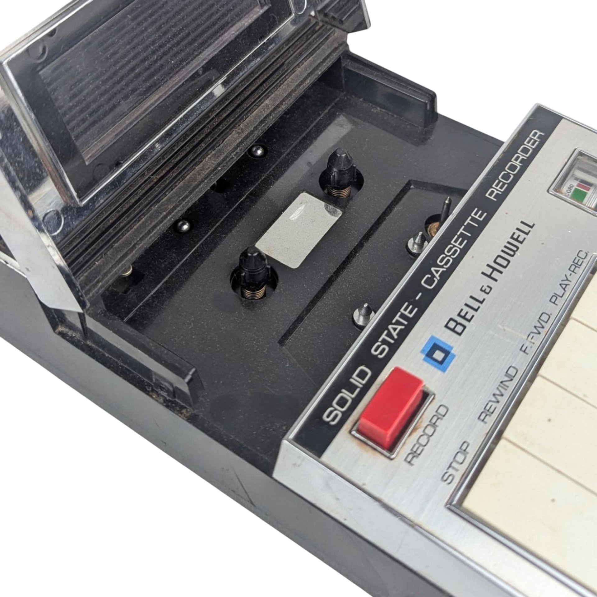 Vintage Bell & Howell Cassette Recorder Player, 1970s Solid State Portable Audio with Woodgrain Finish, Film and Stage Prop