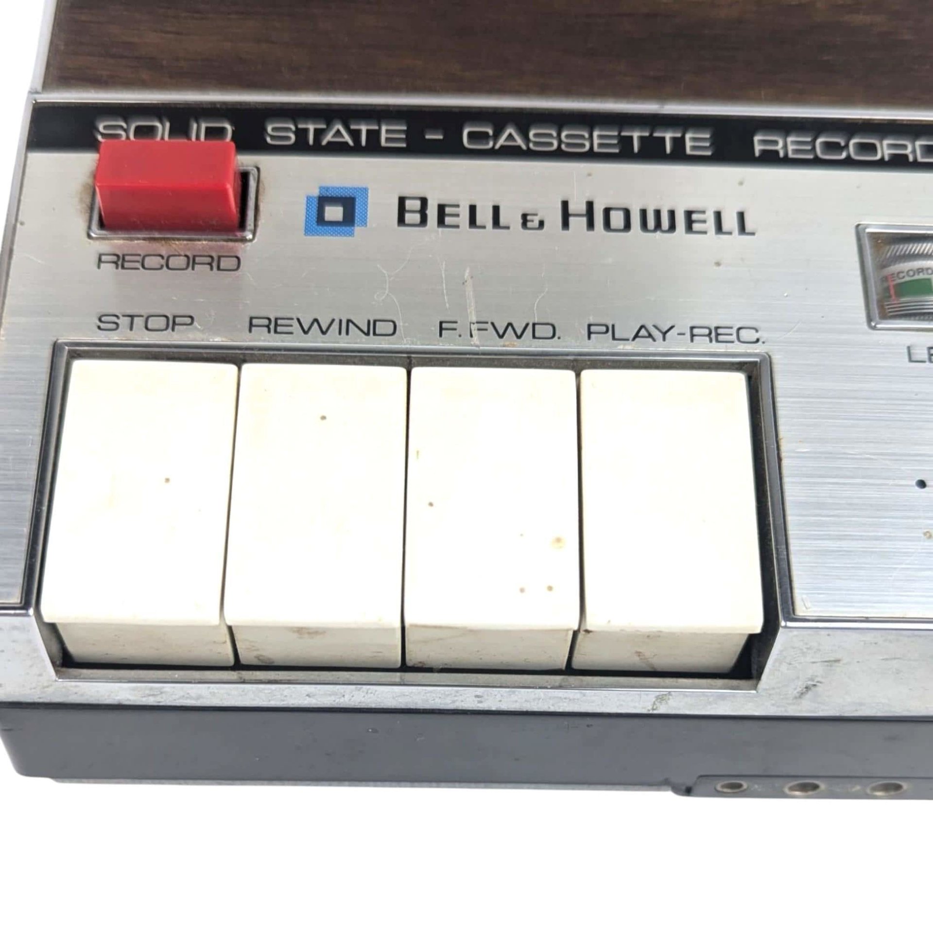 Vintage Bell & Howell Cassette Recorder Player, 1970s Solid State Portable Audio with Woodgrain Finish, Film and Stage Prop