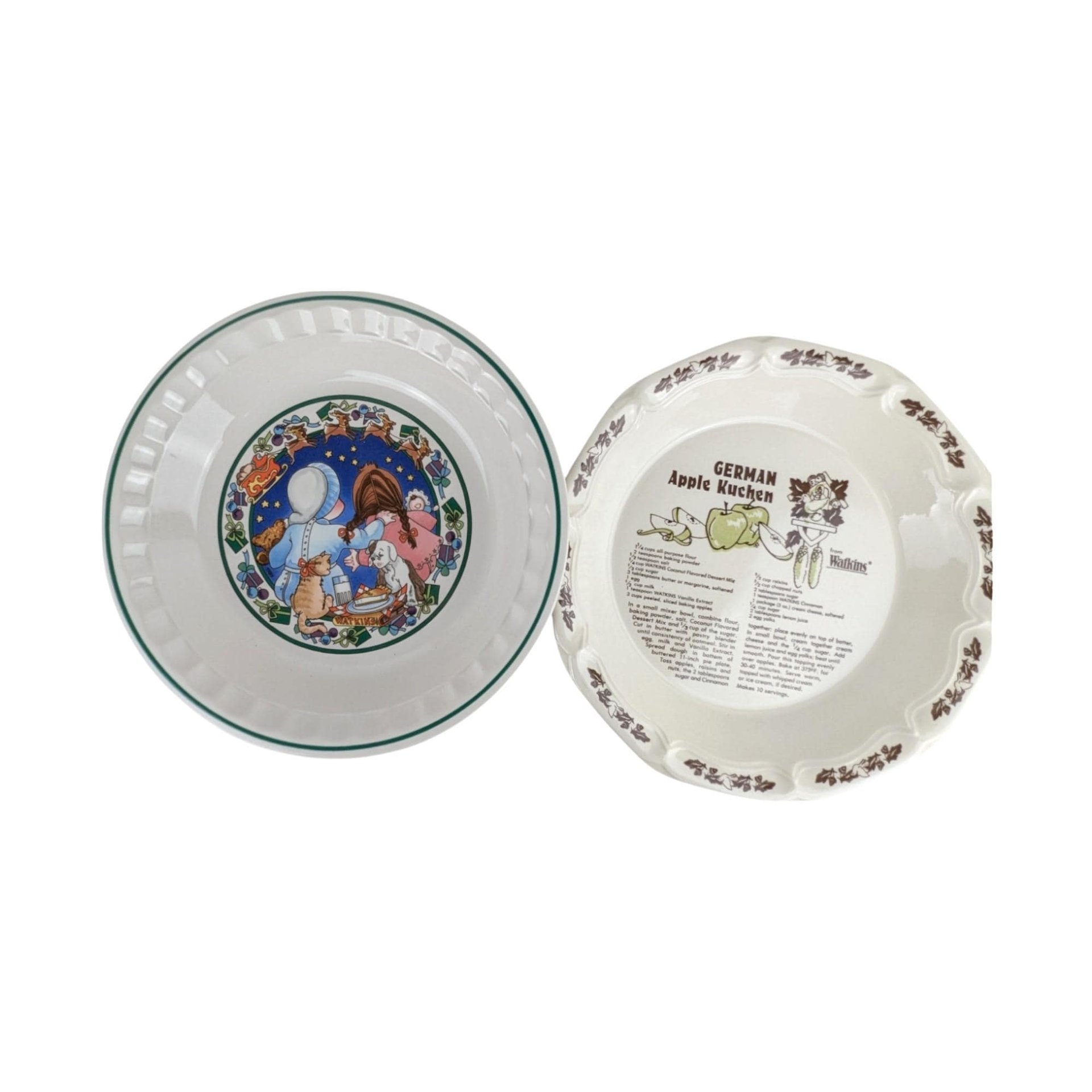 Vintage Watkins Pie Plates, Set of 2, German Apple Kuchen, Christmas Wish Recipe, Collectible Kitchenware, Baking Dish
