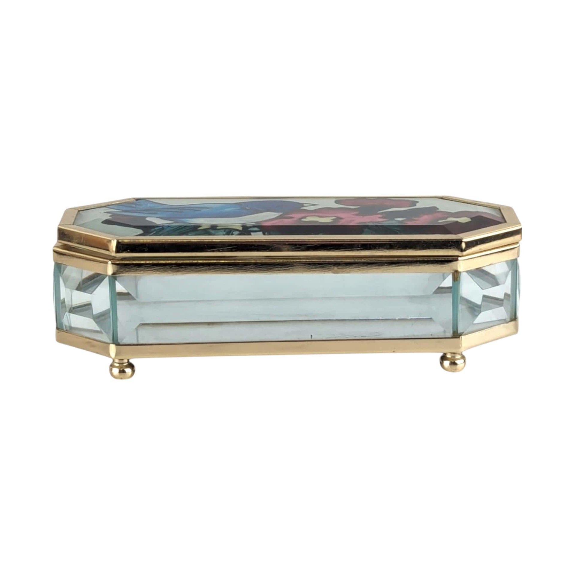 Vintage Joan Baker Designs Jewelry Box, Hand Painted Glass Trinket Box, Bluebird and Flowers, Collectible Box, Gift for Her