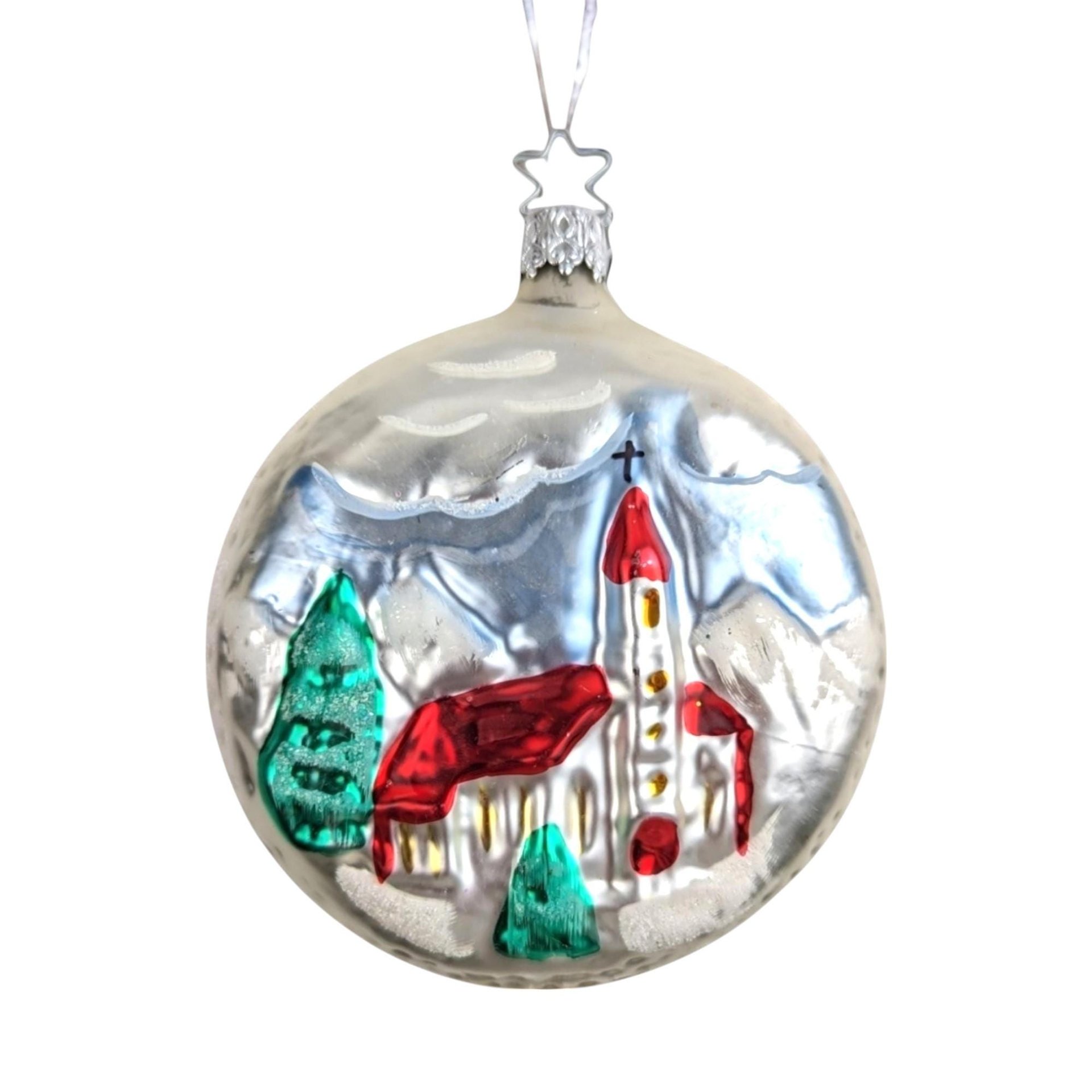 Vintage Blown Glass Ornament with Church Scene