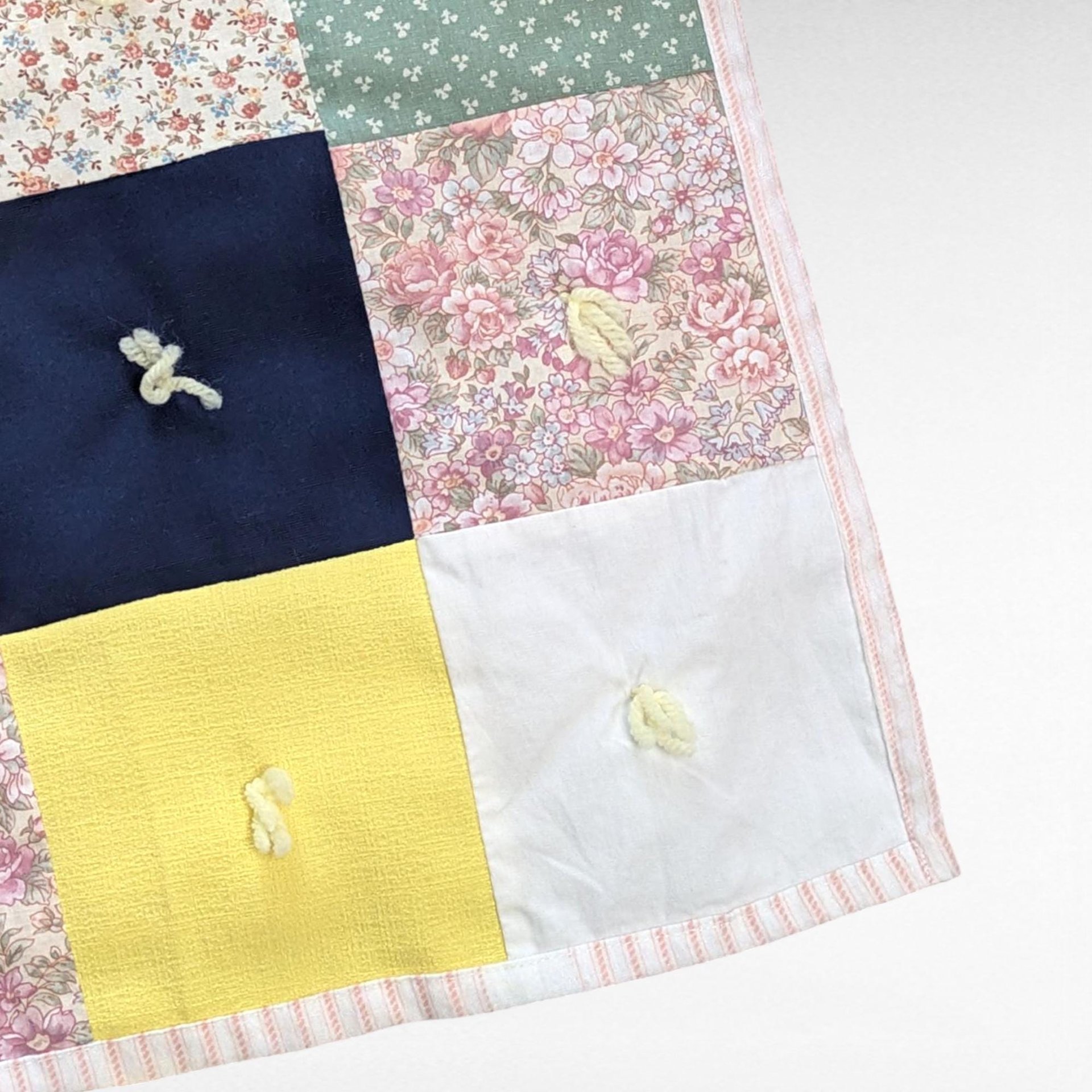 Vintage Handmade Patchwork Baby Blanket, Tied Crib Quilt 50x35, Yellow Floral Calico Toddler Bedding, Farmhouse Nursery Lap Throw