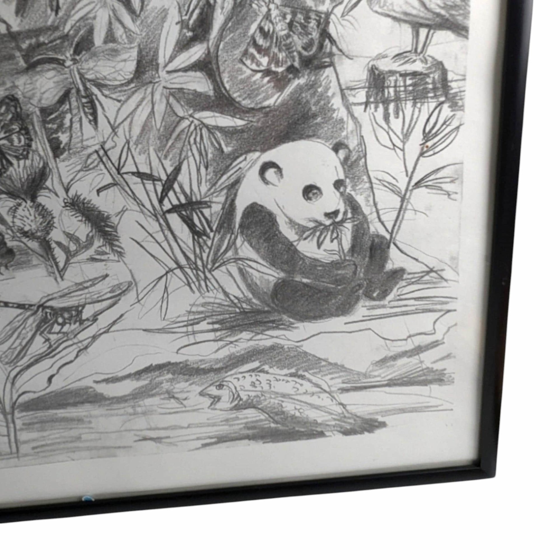 1998 Detailed Nature Drawing Print, Black Metal Frame, Vintage Wildlife Art, Gift for Nature Lover, Home Decor