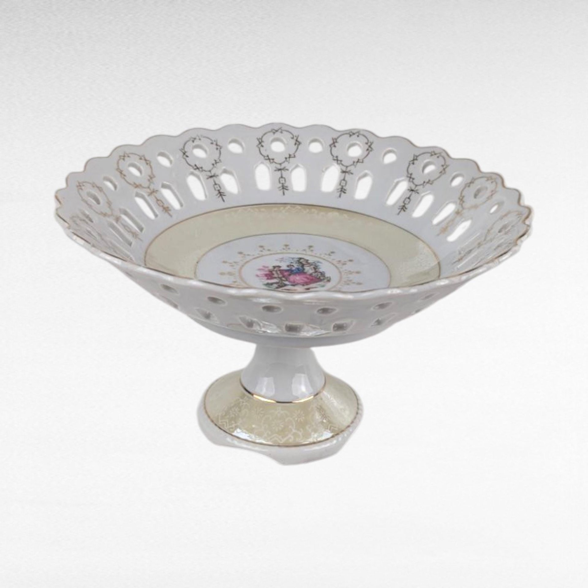 Vintage Arnart Pedestal Bowl, M4036 Reticulated Compote Dish, Fragonard Courting Couple Scene, Japanese Porcelain