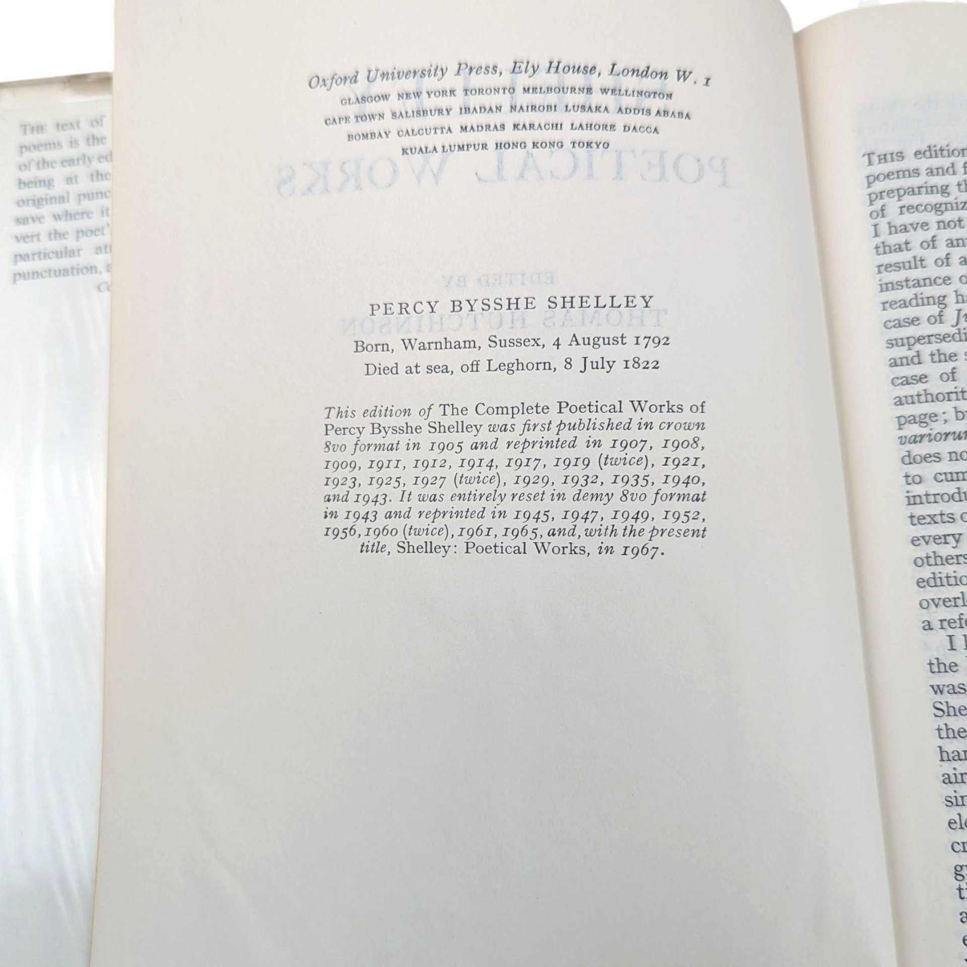 Shelley Poetical Works 1967 Hardcover Book, Oxford University Press Vintage Poetry, Romantic Literature Gift with Dust Jacket