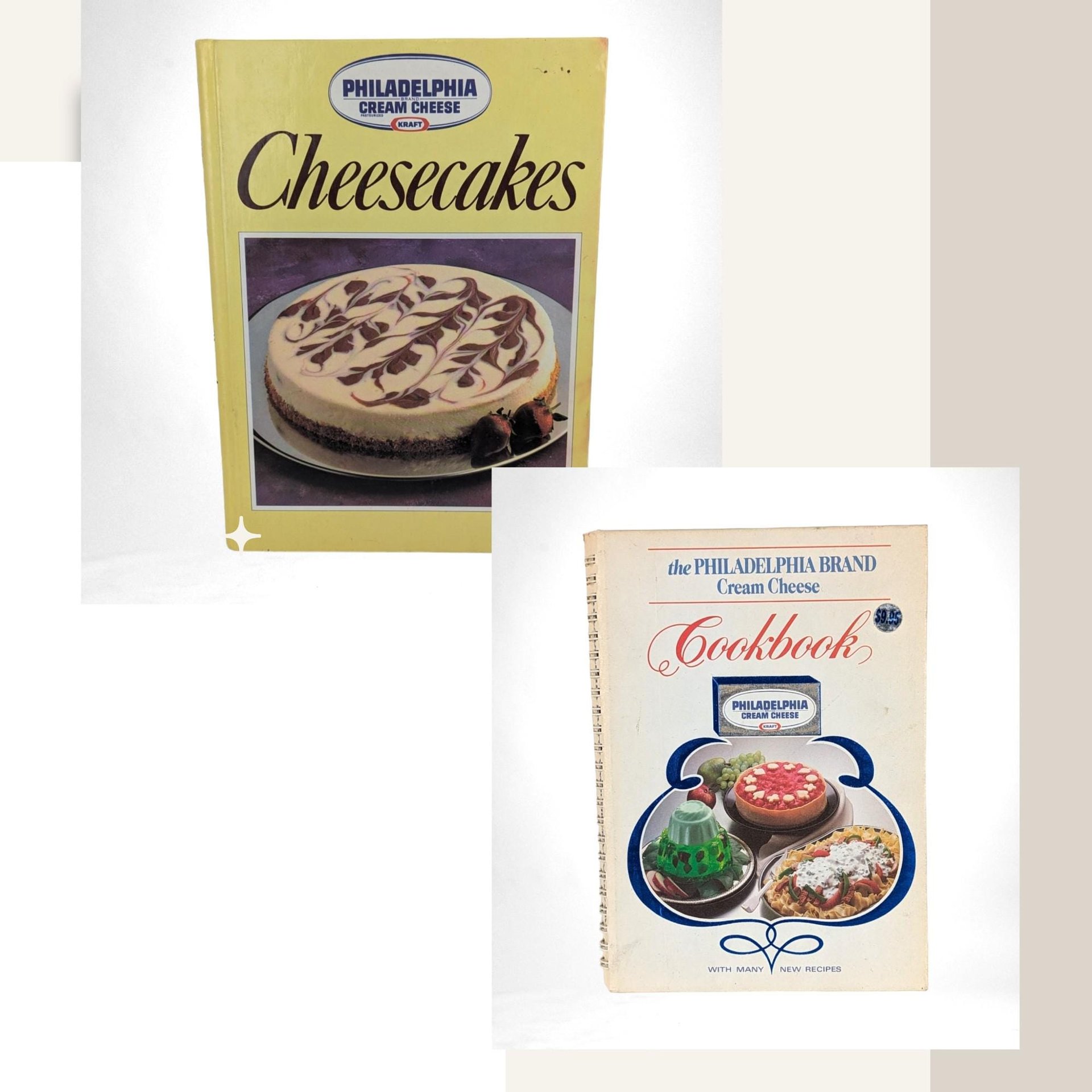 Vintage Philadelphia Cream Cheese Cookbook Pair - 1980s Recipes, Cheesecakes, Appetizers, Dips - Retro Kitchen Decor