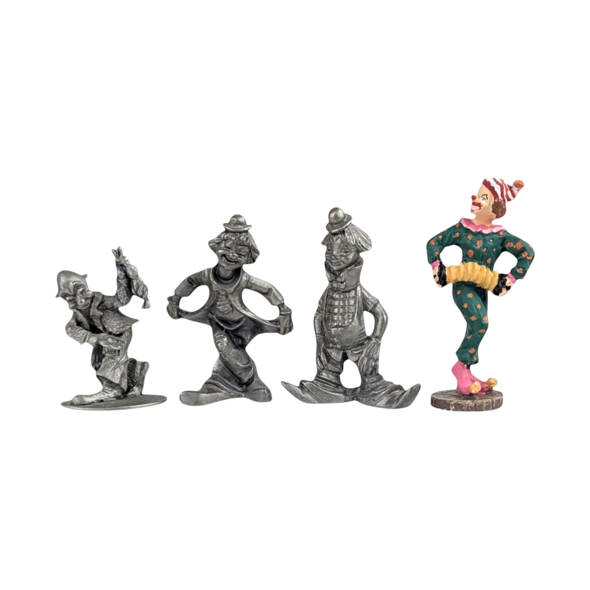 Vintage Pewter Clown Figurines Set, Metal Circus Clown Decor, Whimsical Clown Collection, Shelf Display