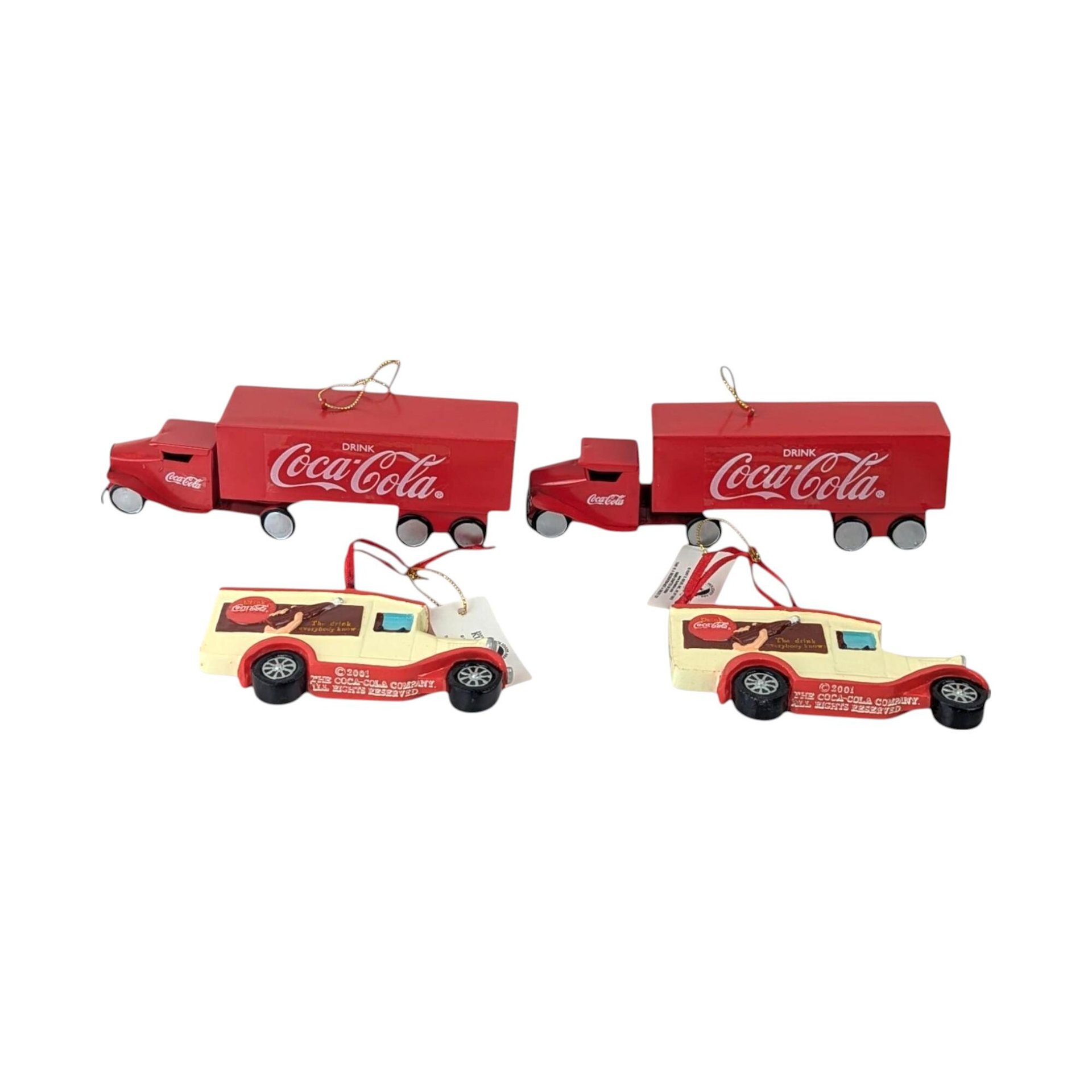 2001 Kurt Adler Coca-Cola Ornament Set, 4 Piece, Truck and Car Ornaments, Collectible Christmas Decor