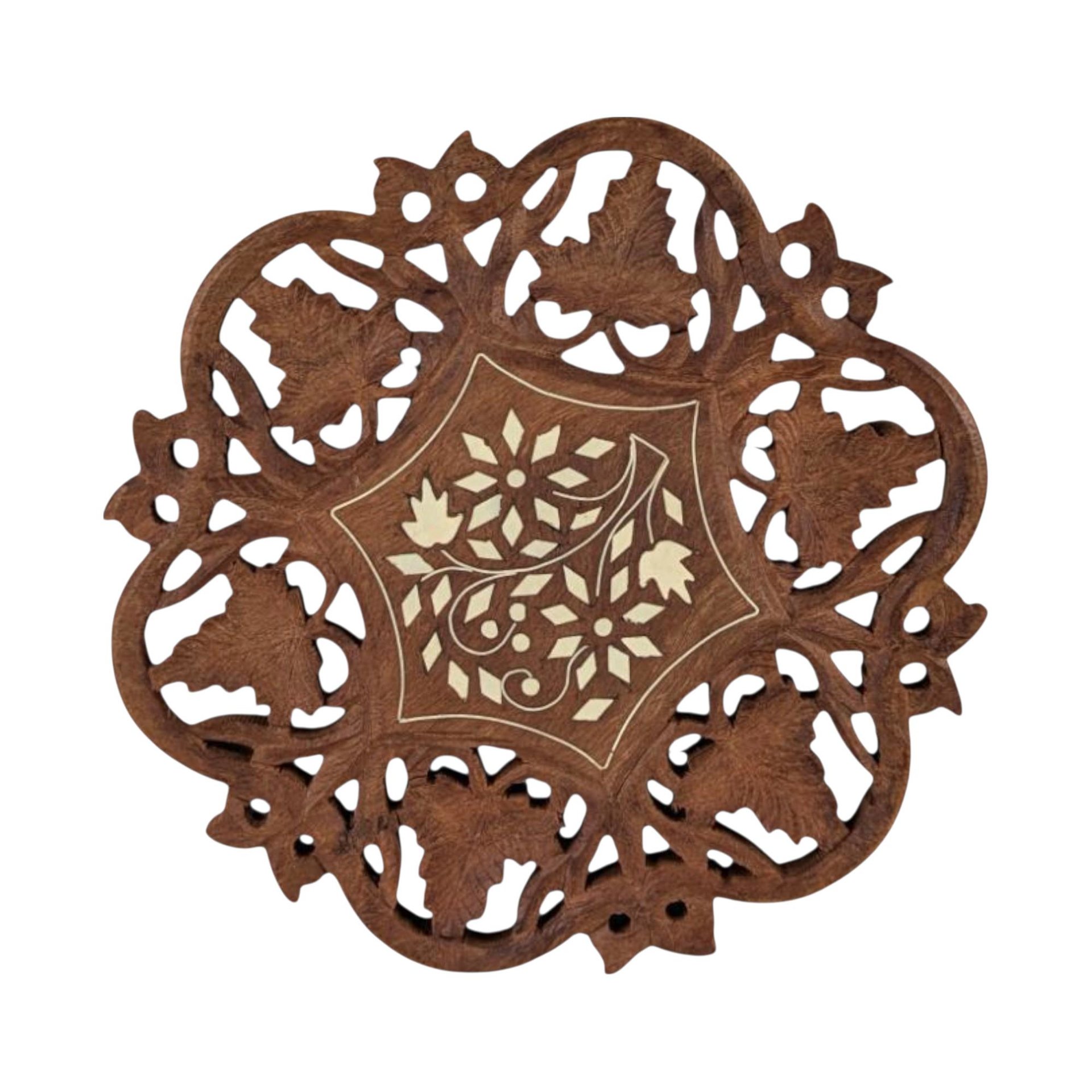 Vintage Indian Wooden Trivet, Carved Floral Design, 8 Inch, Handmade Kitchen Decor, Rustic Table Protector