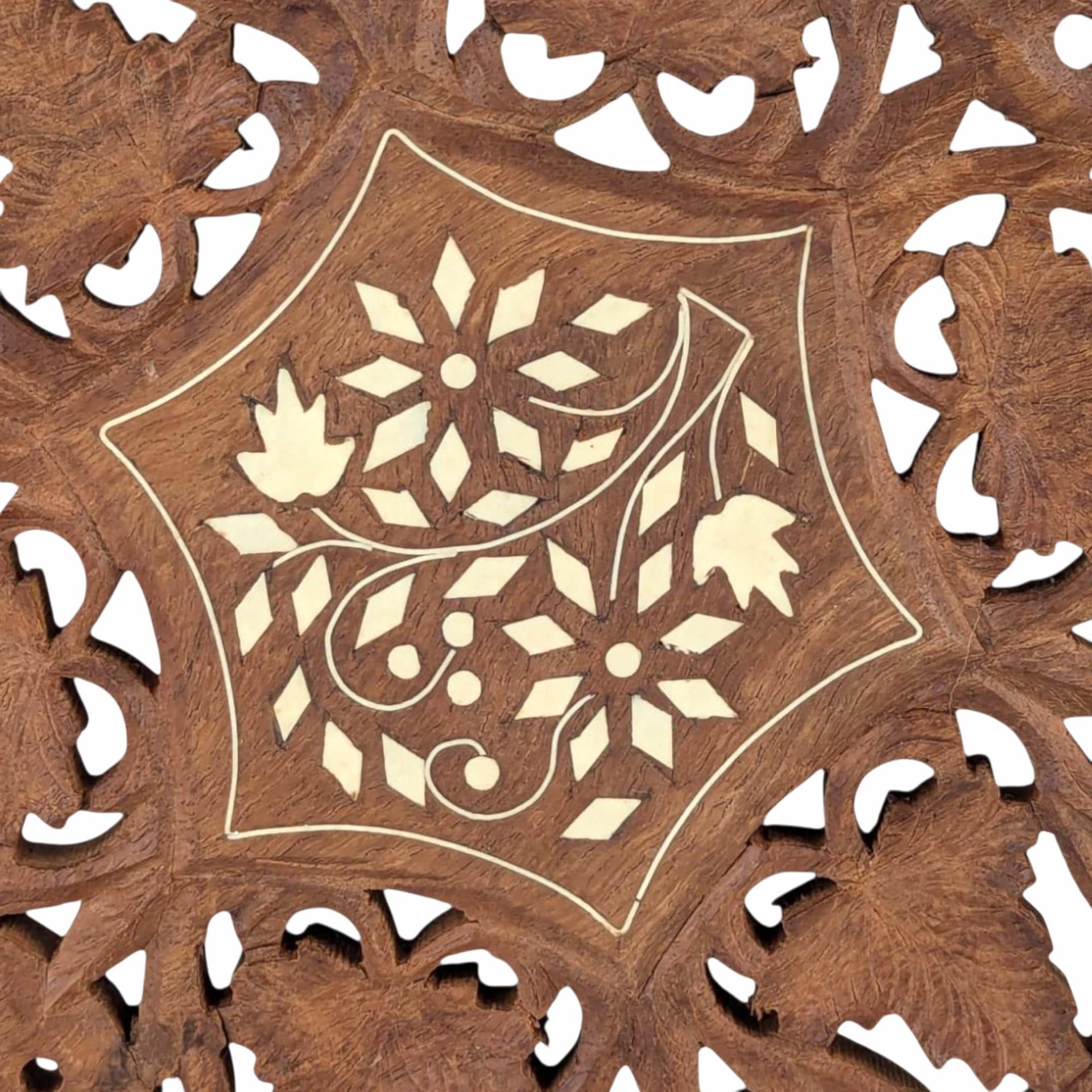 Vintage Indian Wooden Trivet, Carved Floral Design, 8 Inch, Handmade Kitchen Decor, Rustic Table Protector