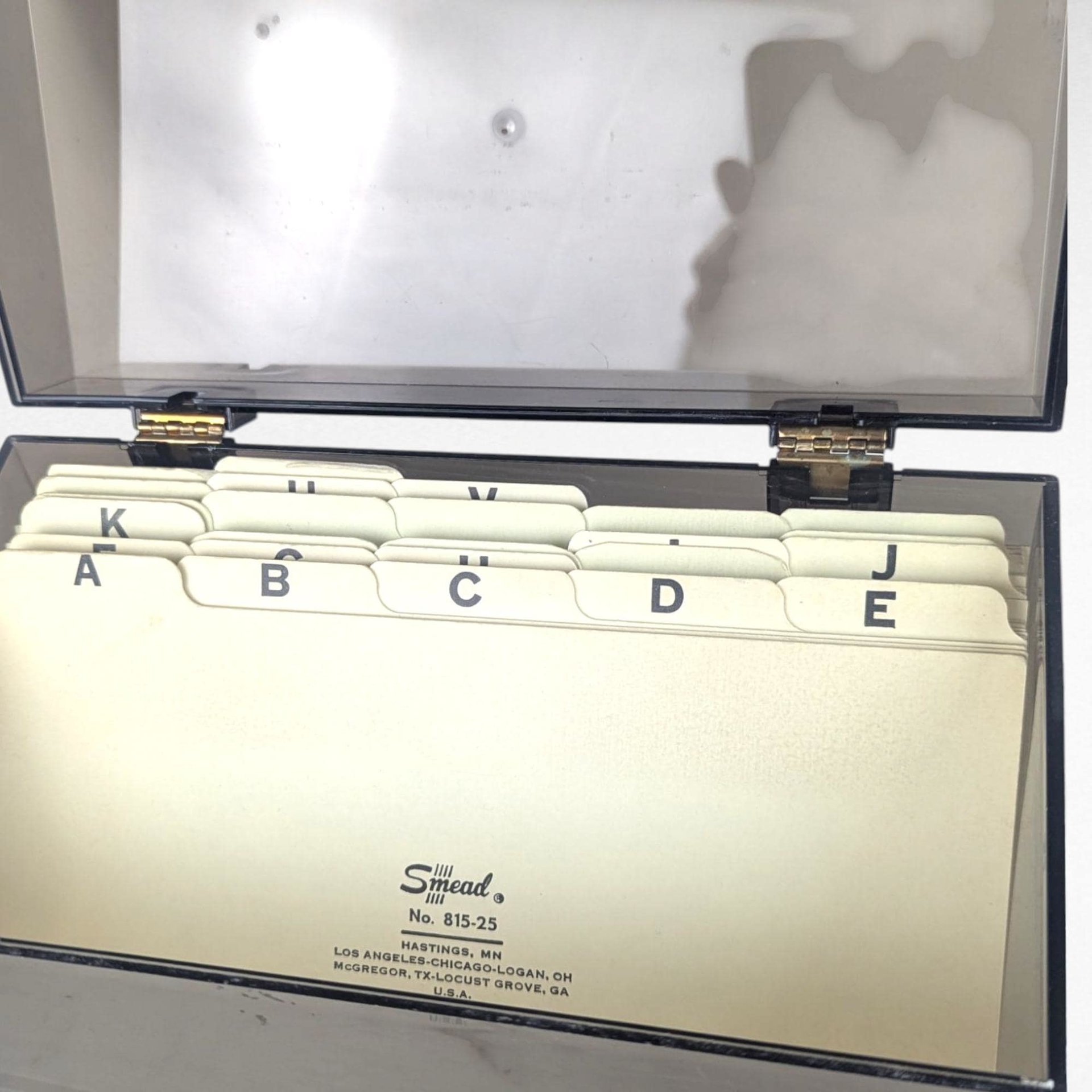 Vintage 1980s Index Card Box, Smoked Plastic Recipe Box, 5x8 Card File Holder with Dividers, Office Storage
