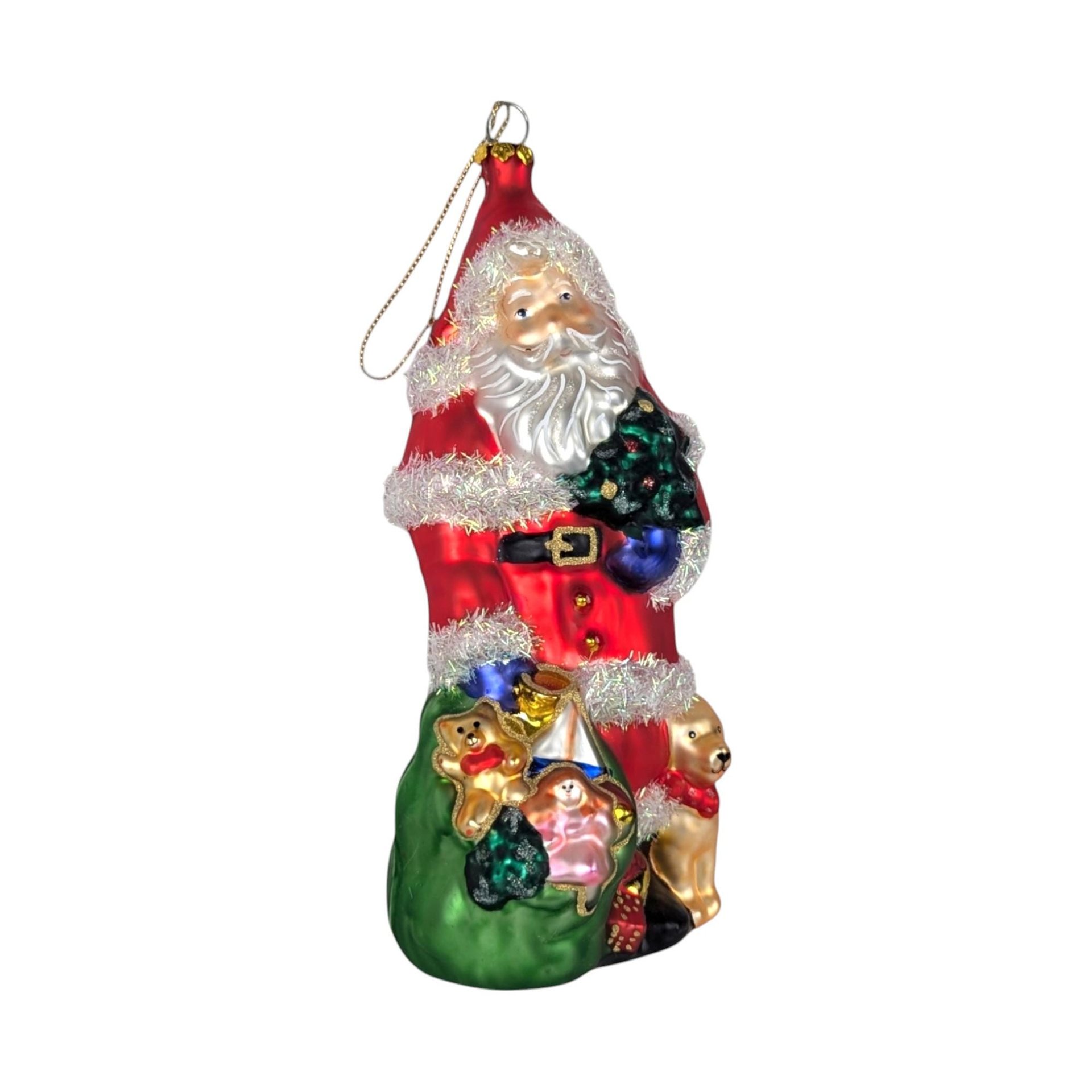Vintage Large Glass Santa Ornament, Christmas Tree Ornament, Santa with Toys and Puppy, Holiday Decor, Figural Ornament