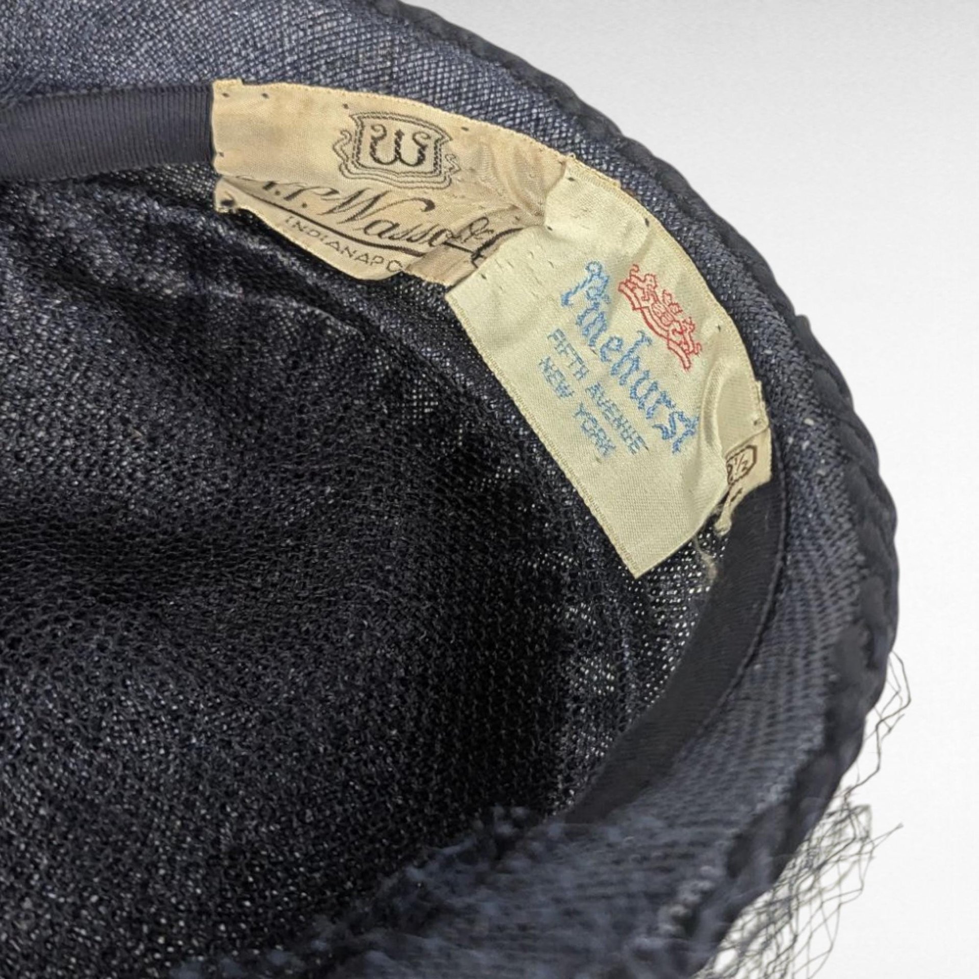 Vintage 1950s Pinehurst Navy Blue Woven Hat, H.P. Wasson and Co. Cocktail Hat with Net Veil, Mid Century Formal Headwear
