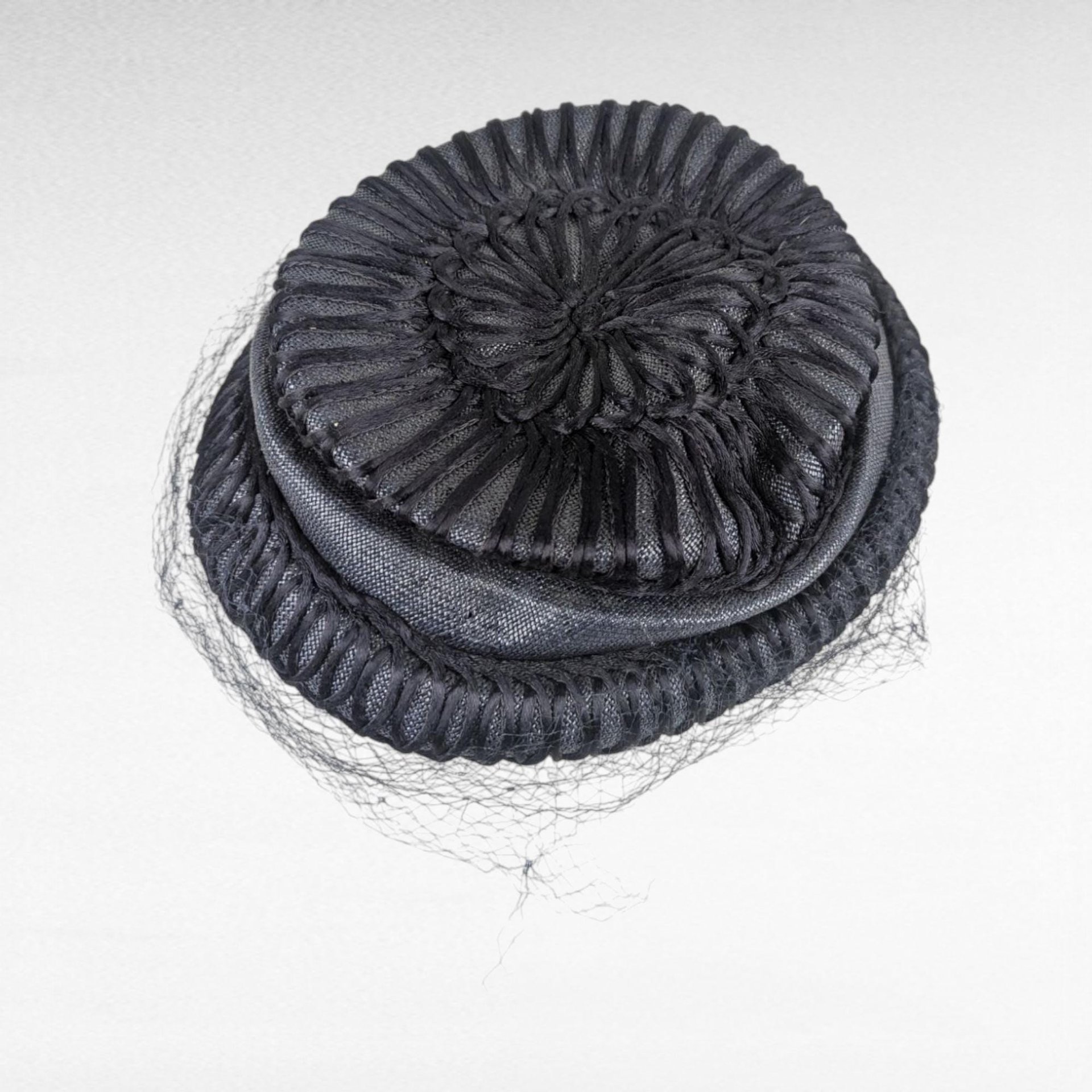 Vintage 1950s Pinehurst Navy Blue Woven Hat, H.P. Wasson and Co. Cocktail Hat with Net Veil, Mid Century Formal Headwear