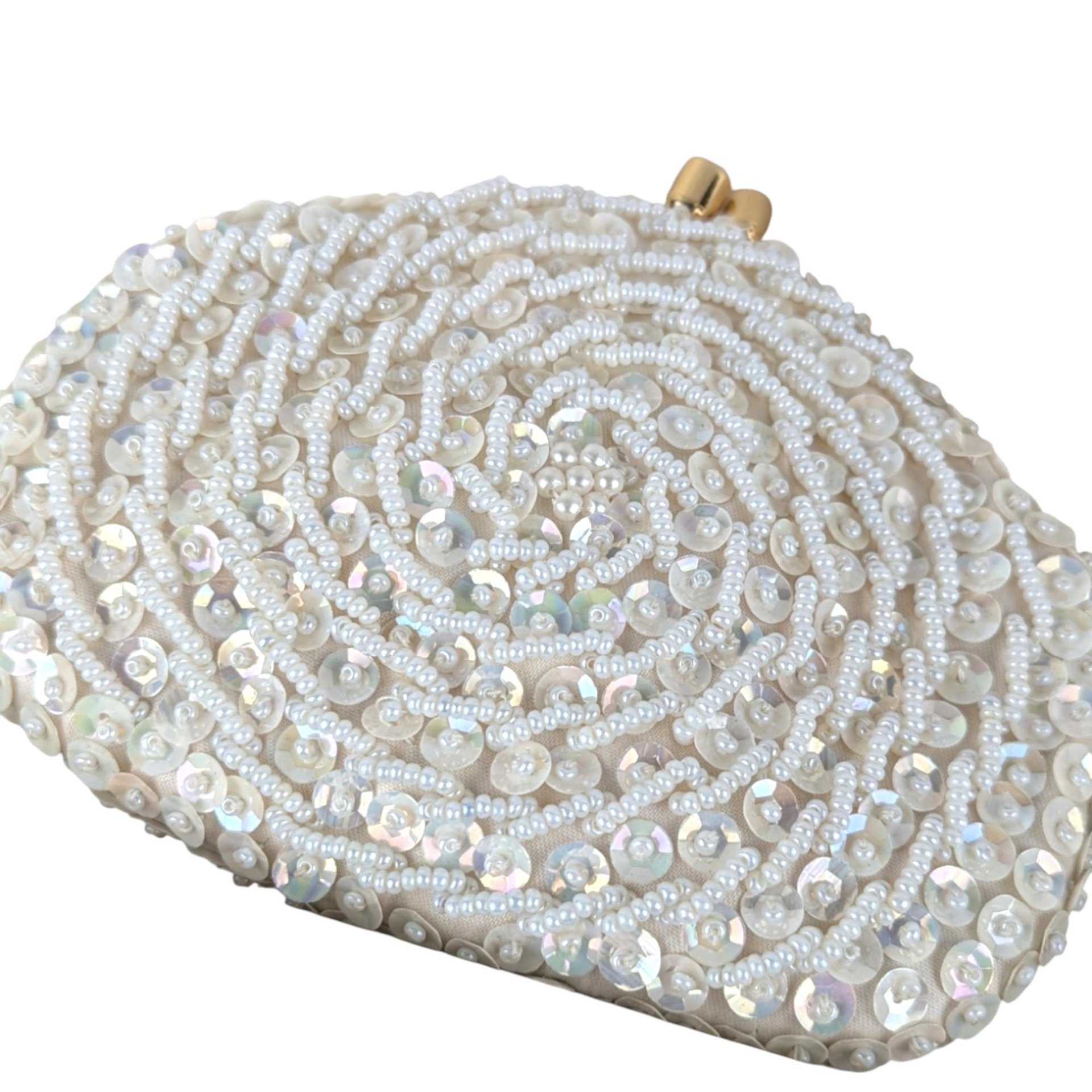 Vintage Princess Gardner Beaded Sequin Coin Purse, Ivory Evening Bag, Bridal Purse, Gift for Her, Original Box