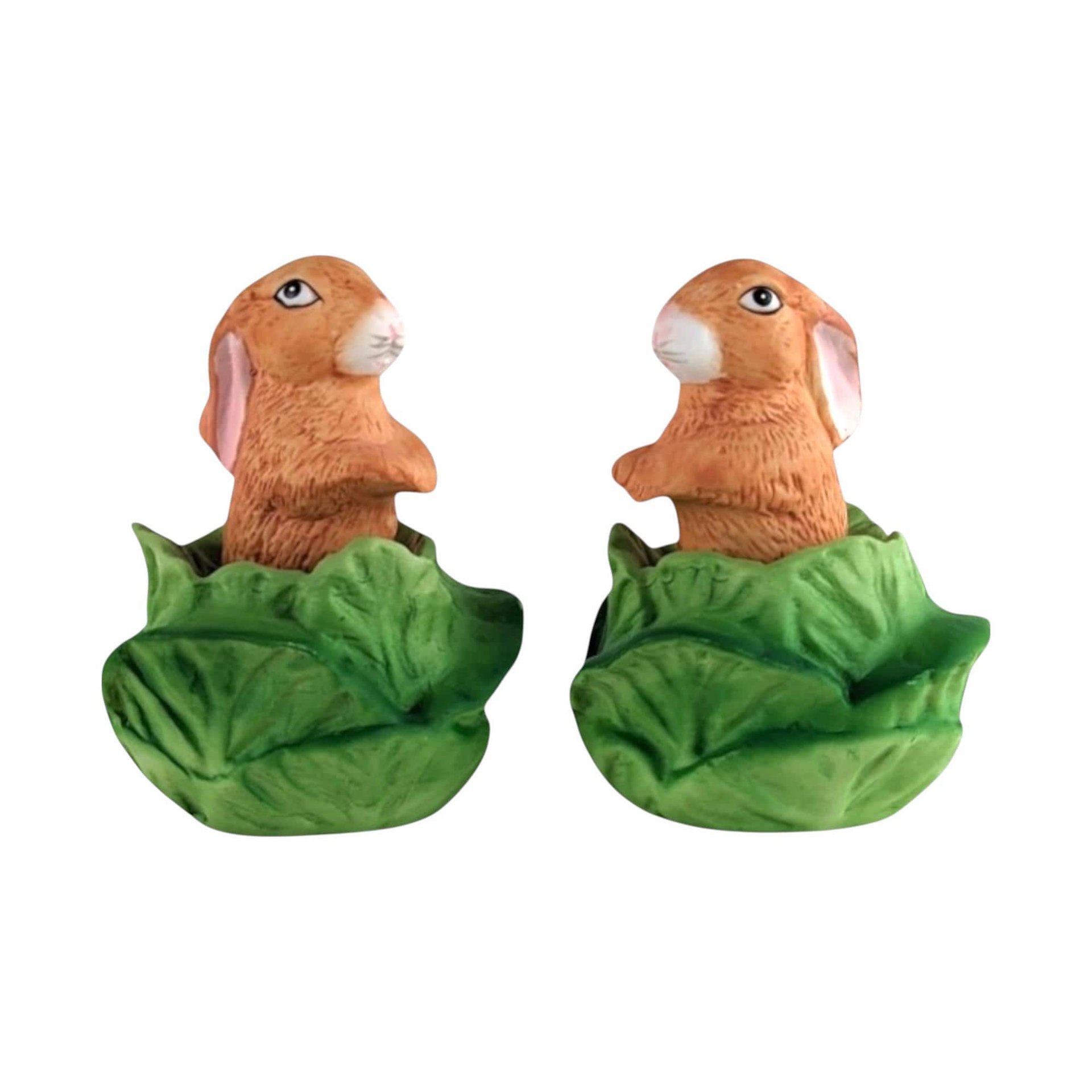 Vintage Bunny Figurines, Pair of Bunnies in Lettuce, Ceramic Bunnies, Easter Decor, Spring Decor, Collectible Figurines