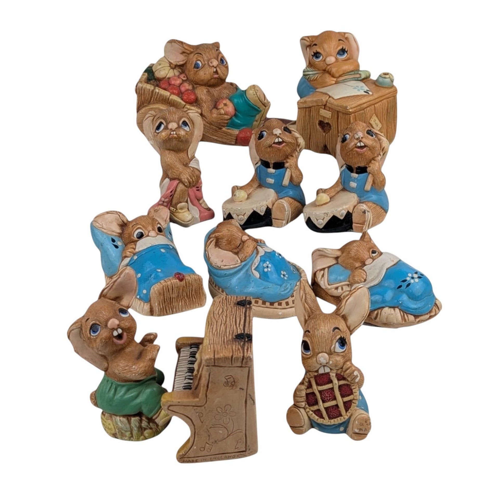 Vintage Pendelfin Figurine Set, 11 Piece Hand Painted Stone Craft Rabbits, 1956, Made in England, Gift for Collector, Nursery Decor