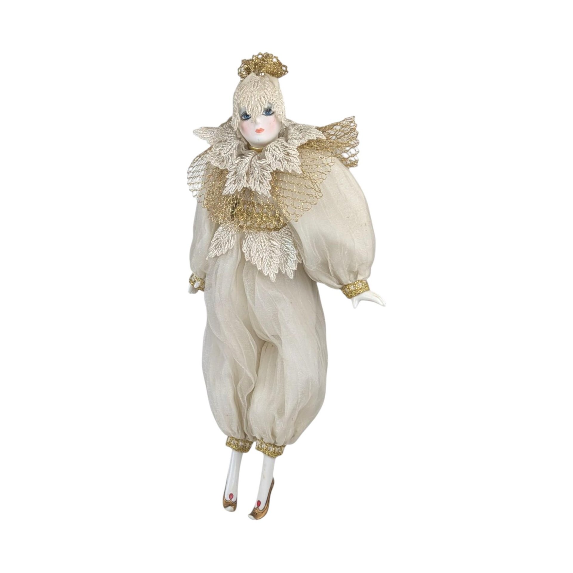 Vintage Cream and Gold Harlequin Doll, Porcelain Head and Limbs, 14 Inch Collectible Doll, Unique Gift for Doll Collectors