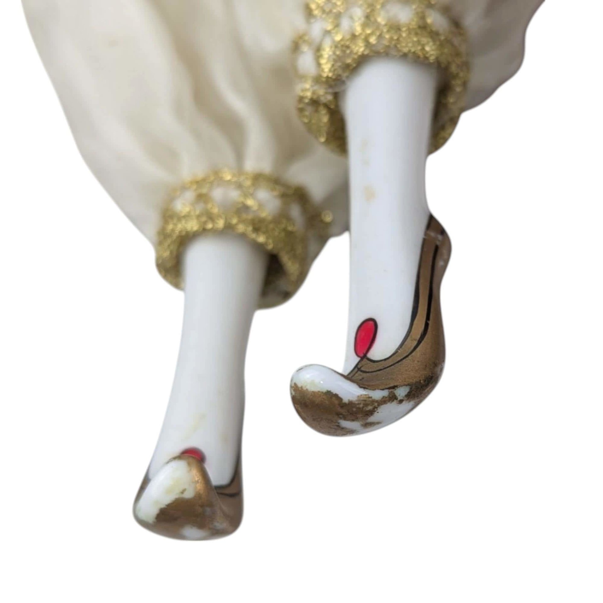 Vintage Cream and Gold Harlequin Doll, Porcelain Head and Limbs, 14 Inch Collectible Doll, Unique Gift for Doll Collectors
