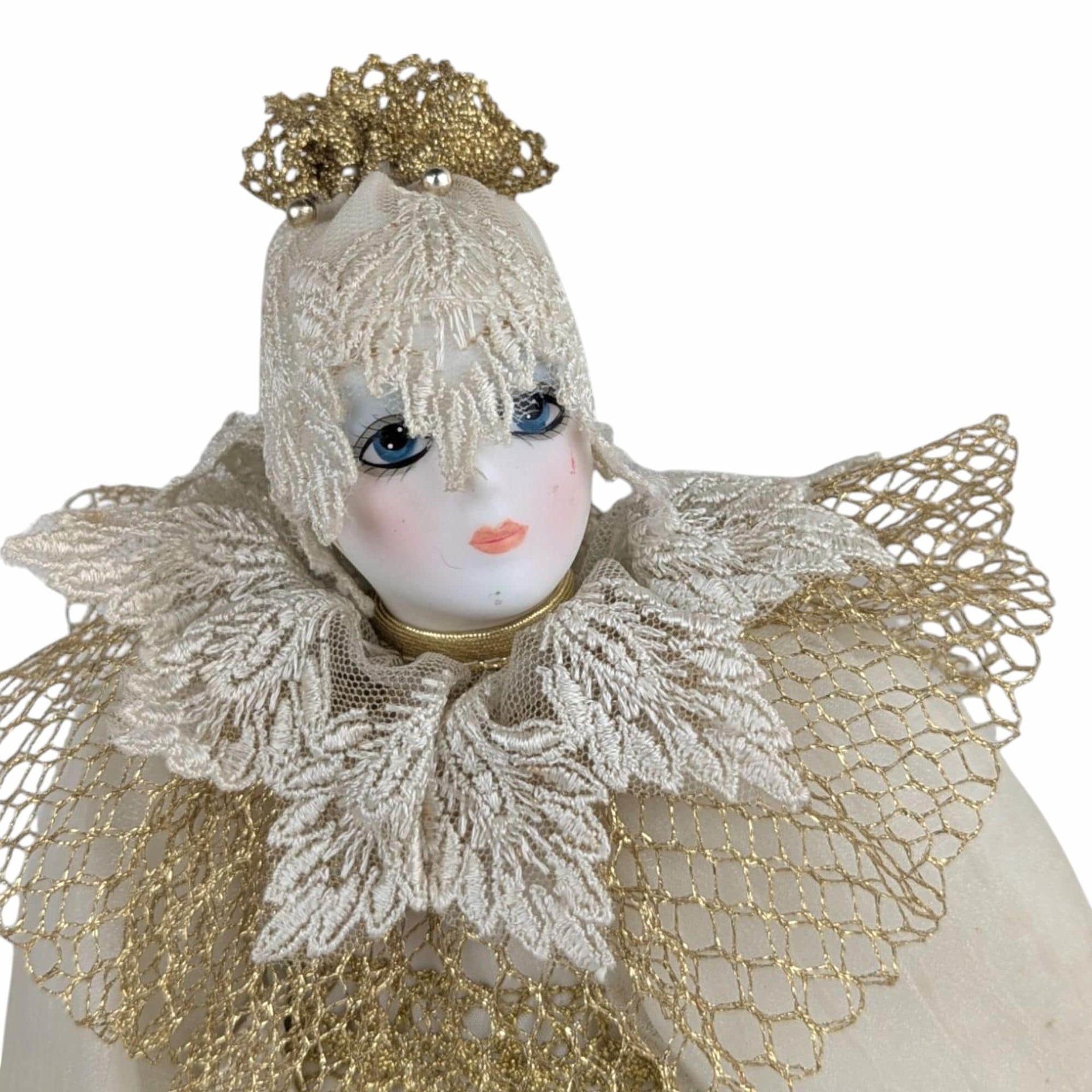 Vintage Cream and Gold Harlequin Doll, Porcelain Head and Limbs, 14 Inch Collectible Doll, Unique Gift for Doll Collectors