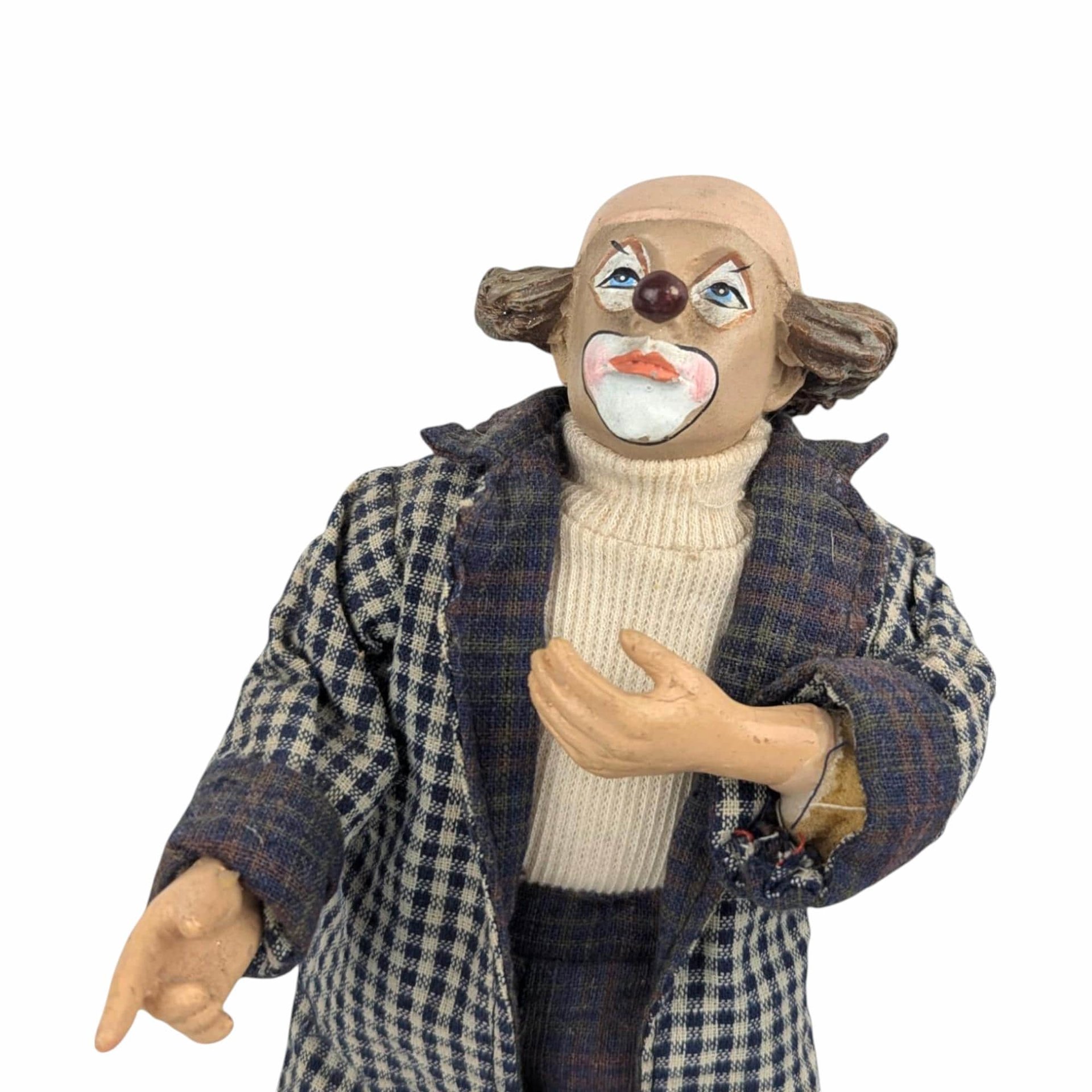 Vintage Posable Hobo Clown Doll, 10 Inch Plaid Jacket, Collectible Toy, Playful Decor, Nostalgic Gift
