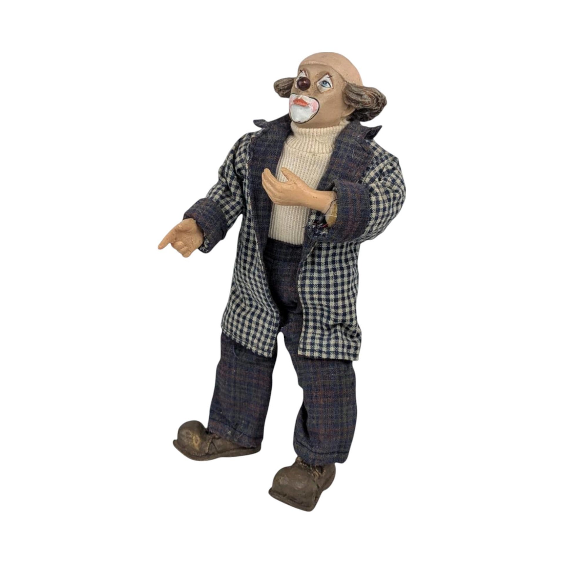 Vintage Posable Hobo Clown Doll, 10 Inch Plaid Jacket, Collectible Toy, Playful Decor, Nostalgic Gift