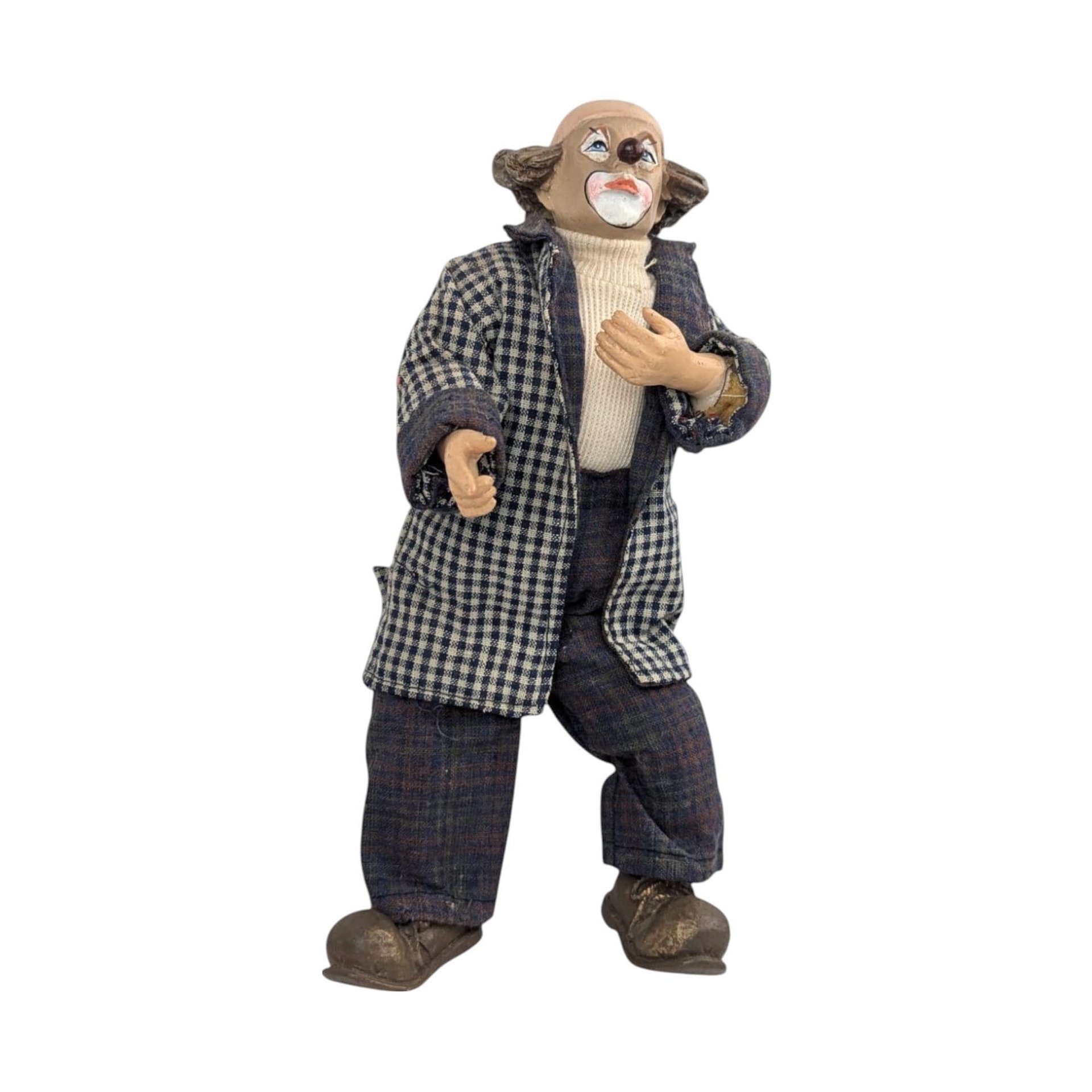 Vintage Posable Hobo Clown Doll, 10 Inch Plaid Jacket, Collectible Toy, Playful Decor, Nostalgic Gift