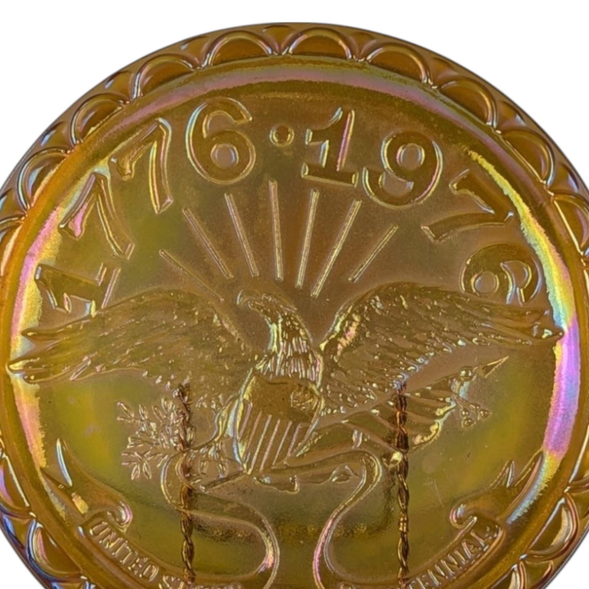 Vintage Indiana Glass Carnival Plate, US Centennial, American Eagle, Iridescent Glass, Collectible Plate, Patriotic Decor