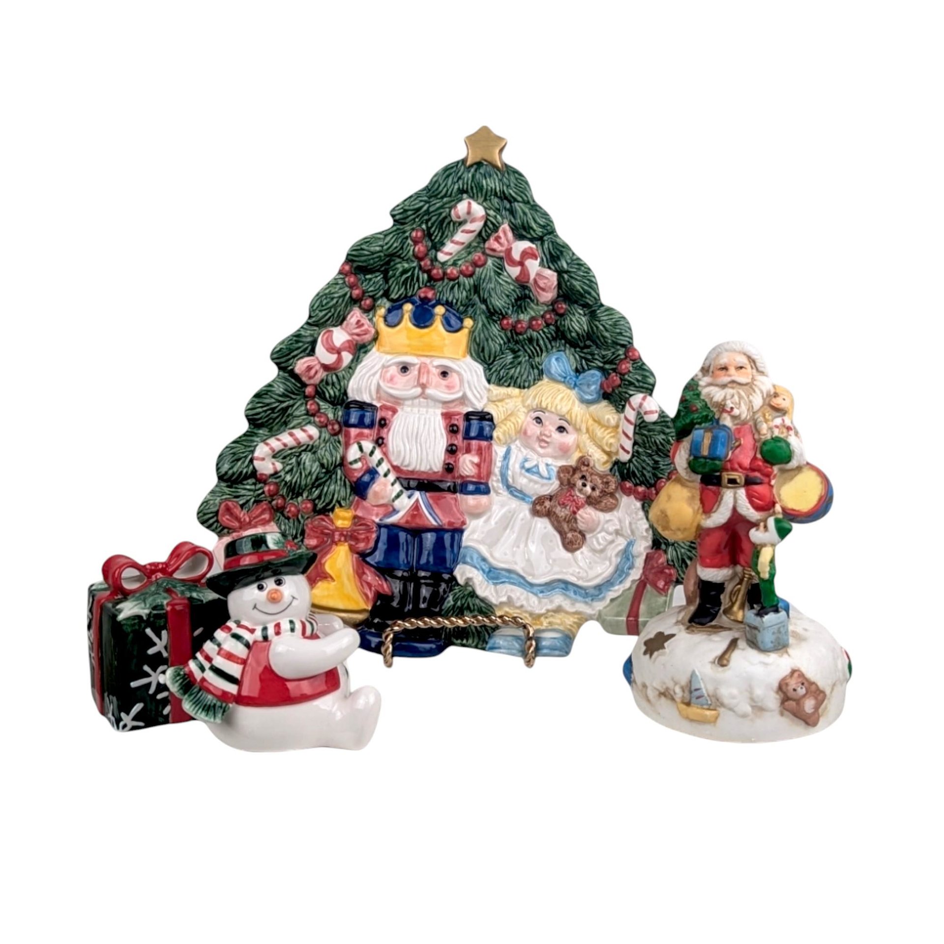 Vintage Christmas Decor Lot, Fitz and Floyd Nutcracker Platter, Musical Santa, Snowman Salt & Pepper