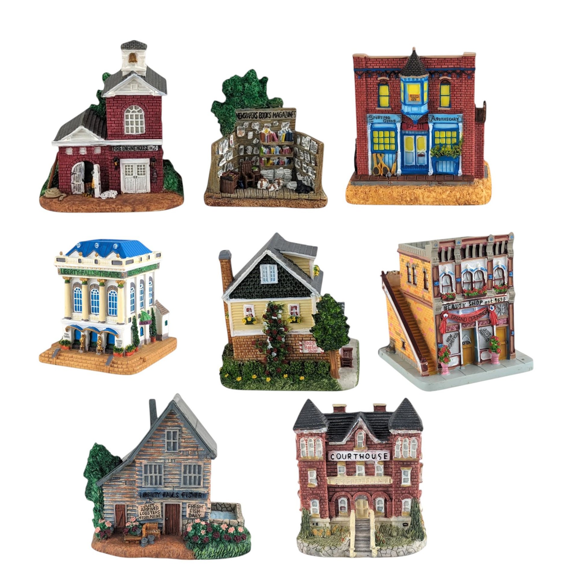 Vintage Liberty Falls Village Figurines, 7 Piece Set, Barber Shop, Firehouse, Shops, Courthouse, Collectible Miniatures, Gift for Collector