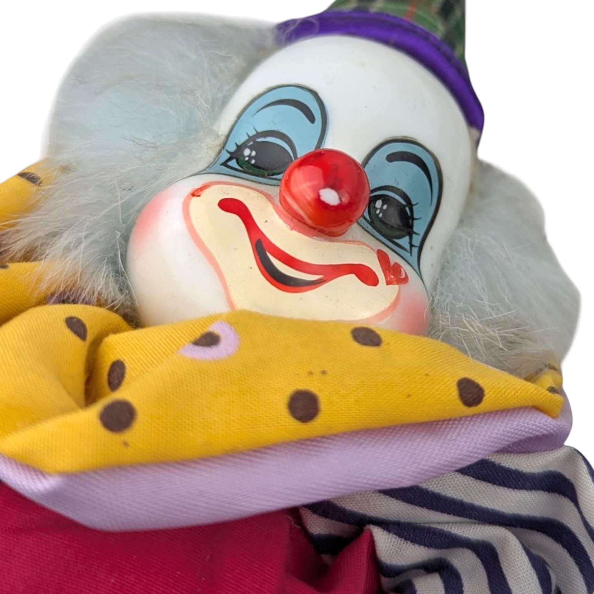 Vintage Polka Dot Stripes Clown Doll, Thailand, Porcelain Head, 10.5 Inch Height, Collectible Clown Decor, Whimsical Gift