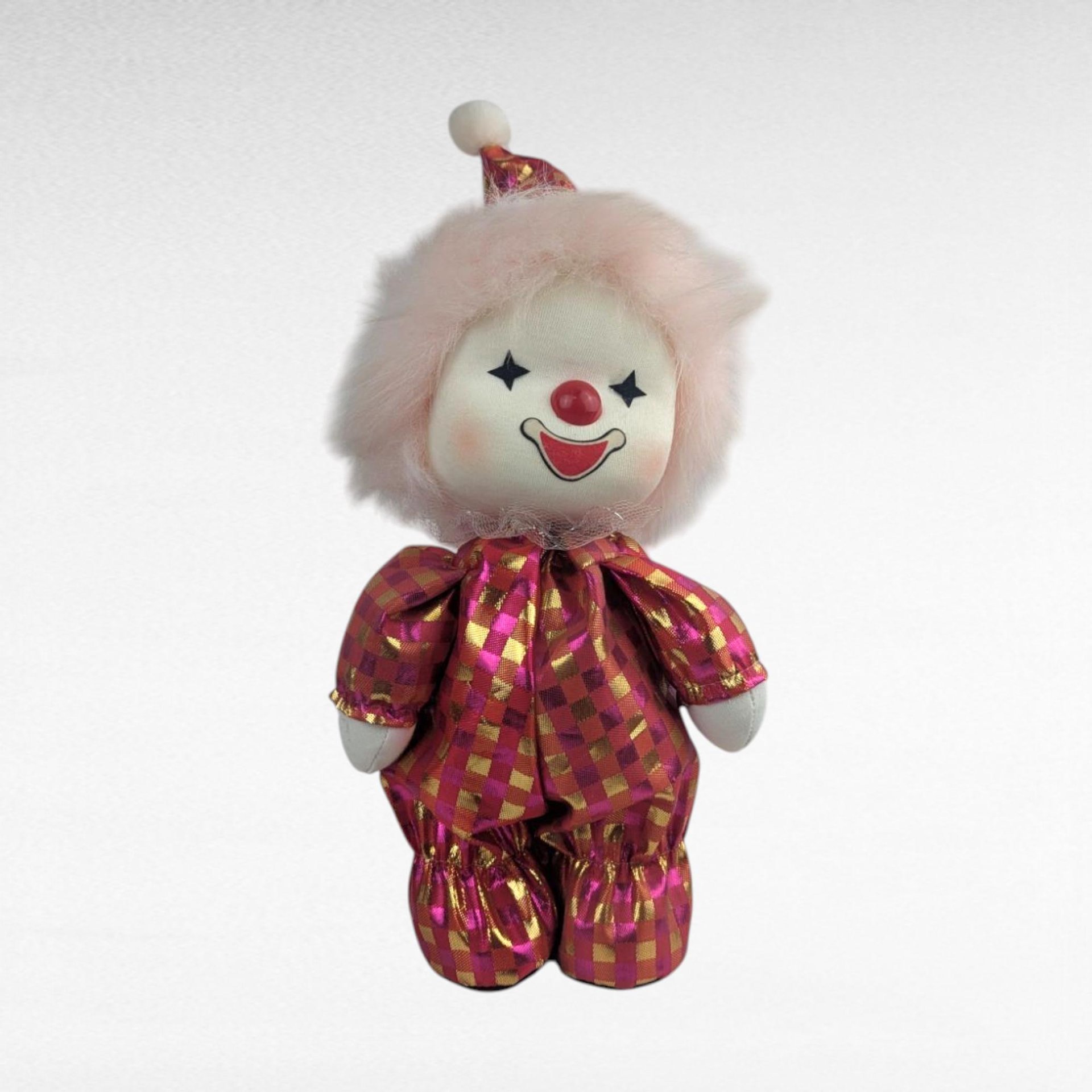 Vintage 1988 Poter Musical Clown Doll, Animated Wind Up Toy, Pink Hair and Gold Suit, 80s Collector Doll Nursery Decor