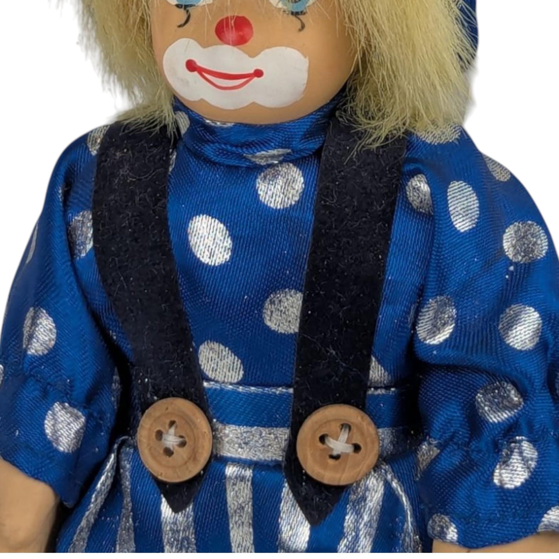 Small Clown Doll, Porcelain Face and Limbs, Blue Polka Dot Outfit, Collectible Display Doll, Whimsical Home Decor, Gift for Clown Lovers