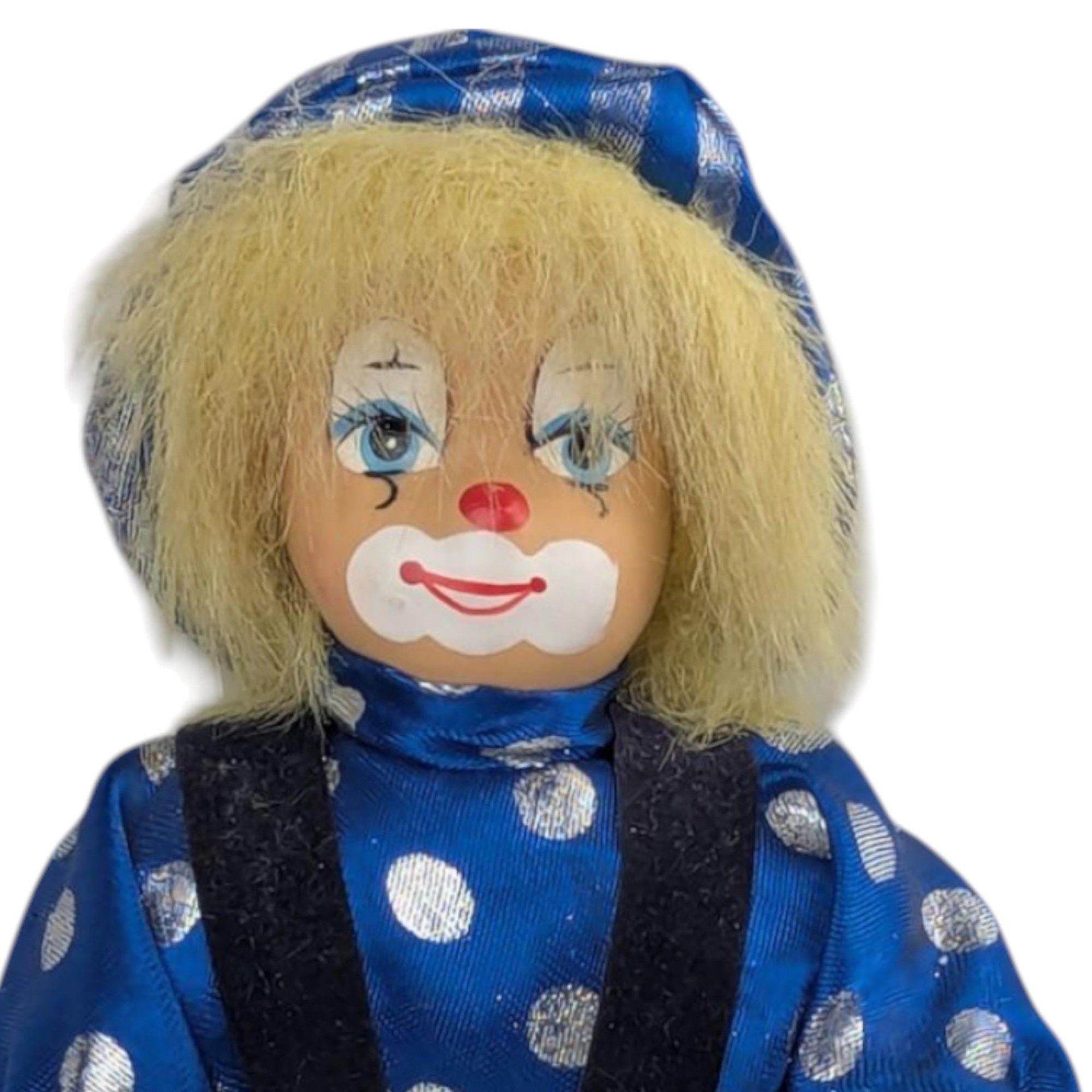 Small Clown Doll, Porcelain Face and Limbs, Blue Polka Dot Outfit, Collectible Display Doll, Whimsical Home Decor, Gift for Clown Lovers