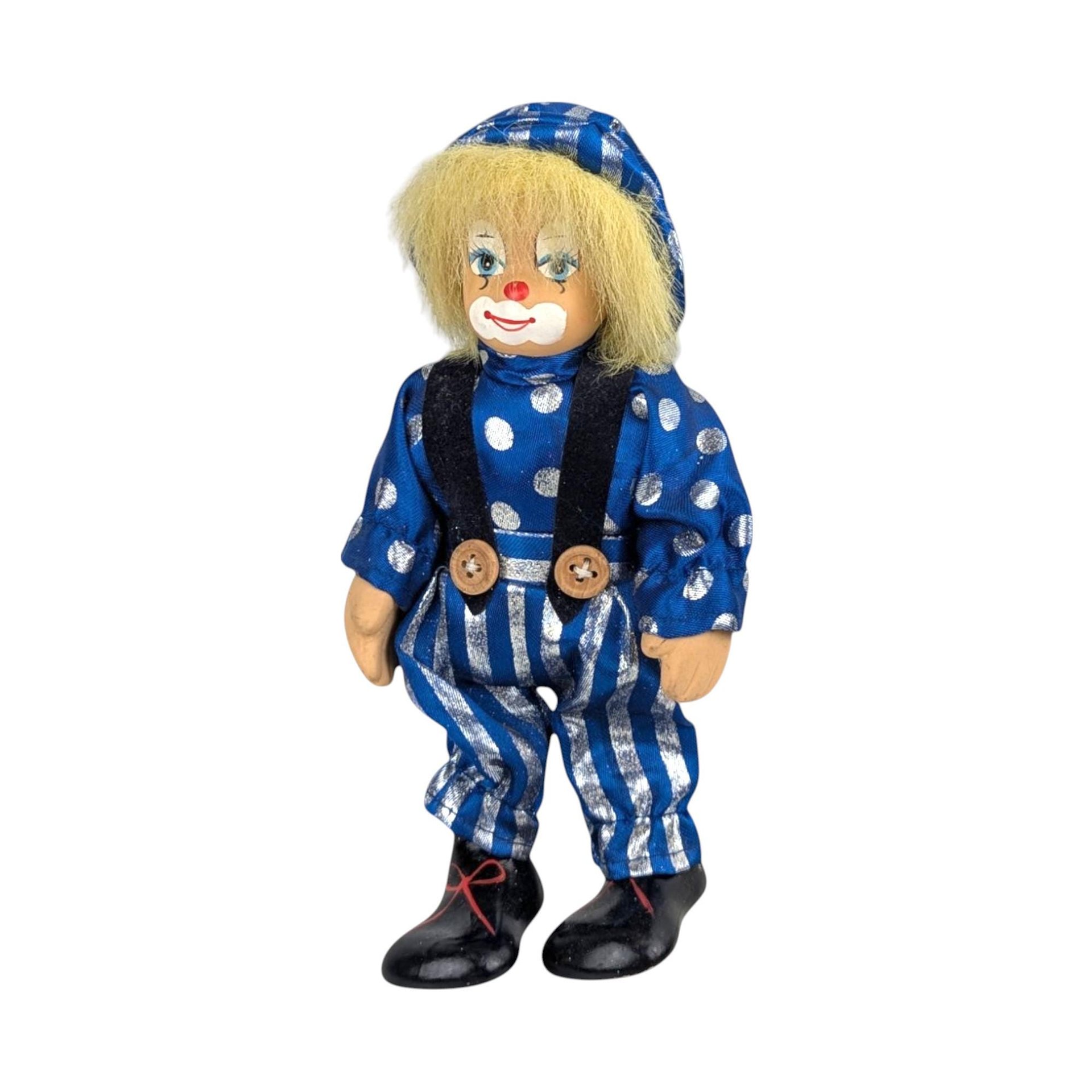 Small Clown Doll, Porcelain Face and Limbs, Blue Polka Dot Outfit, Collectible Display Doll, Whimsical Home Decor, Gift for Clown Lovers