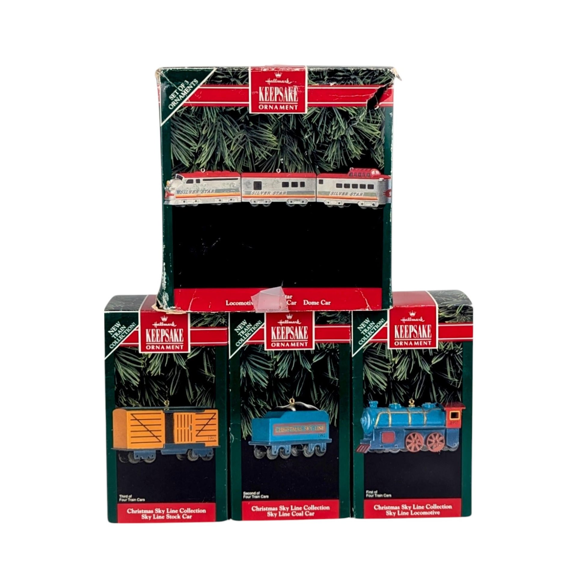 Vintage Hallmark Train Ornaments - Christmas Skyline Collection & Silver Star - 1992 Keepsake Ornaments with Boxes